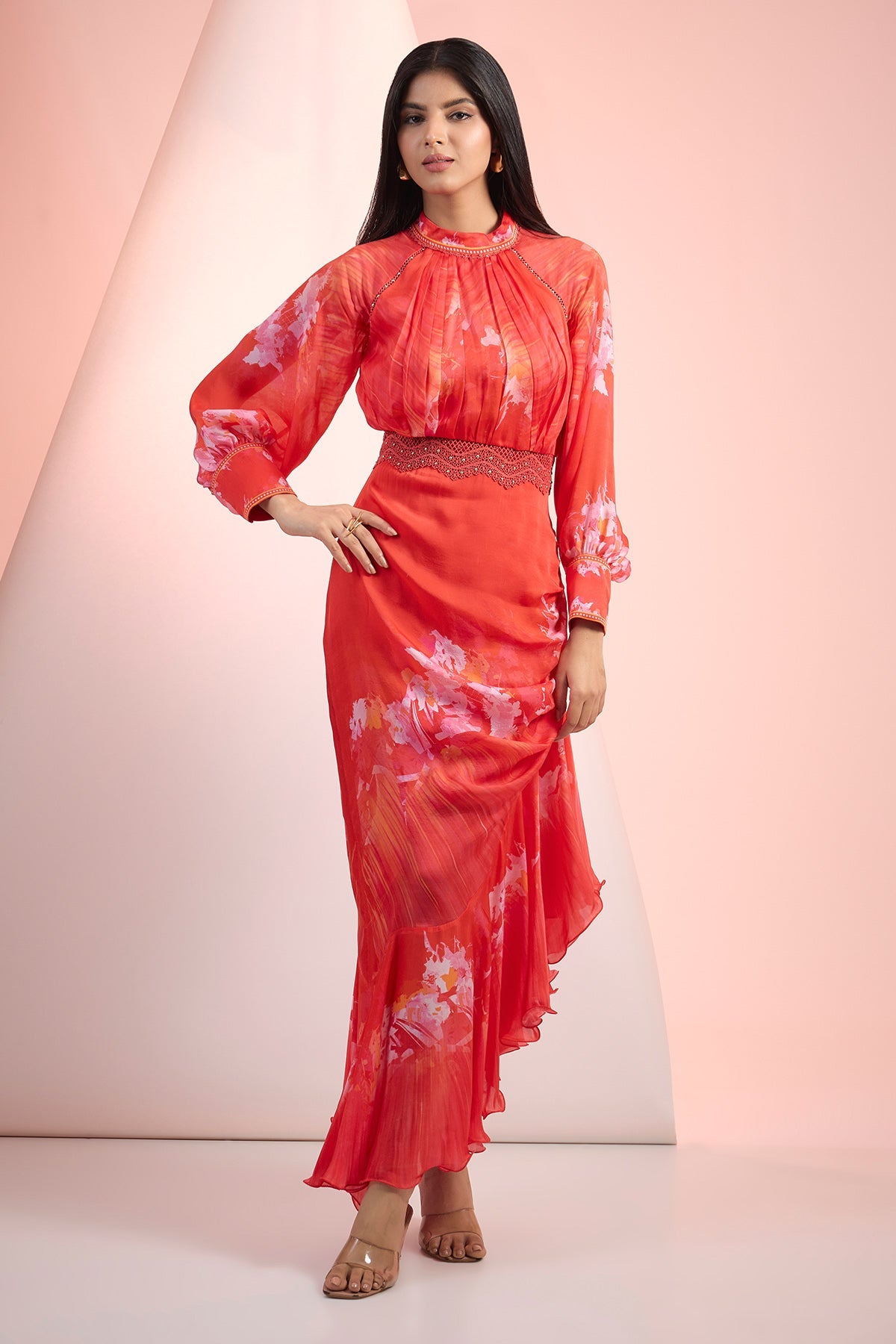 Buy Red Lace Detail Printed Dress by Mandira Wirk for Women online at ScrollnShops