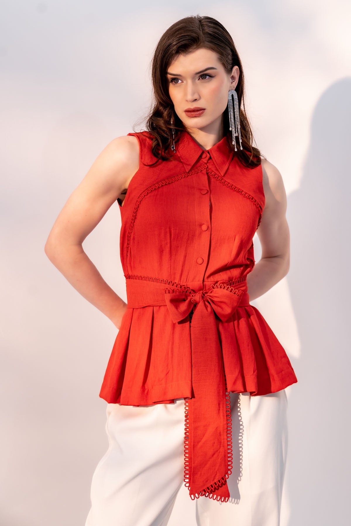 Buy Enness Studio Red Lace Detail Top And Belt for women