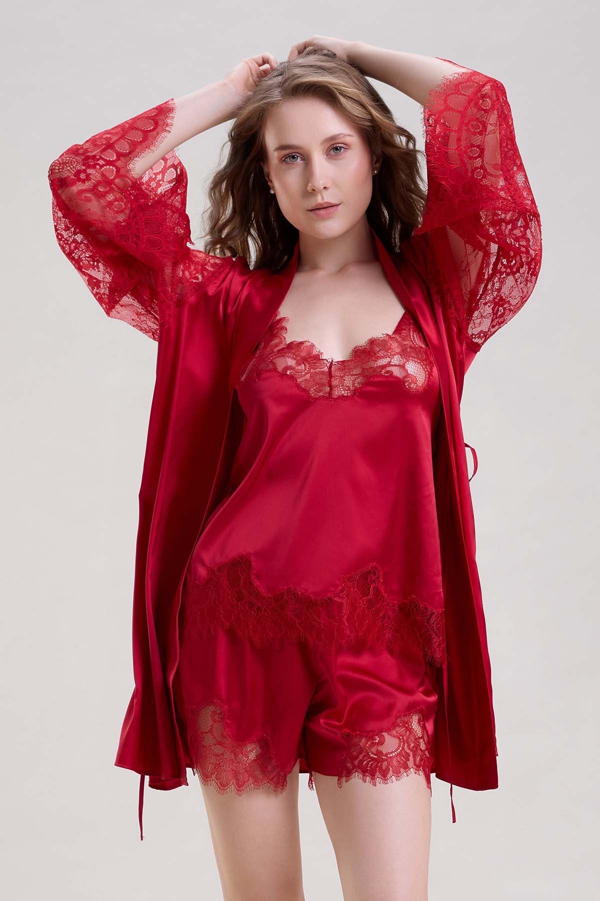 Buy Red Lace Mini Robe & Shorts Set by Mysthelle for women online at ScrollnShops