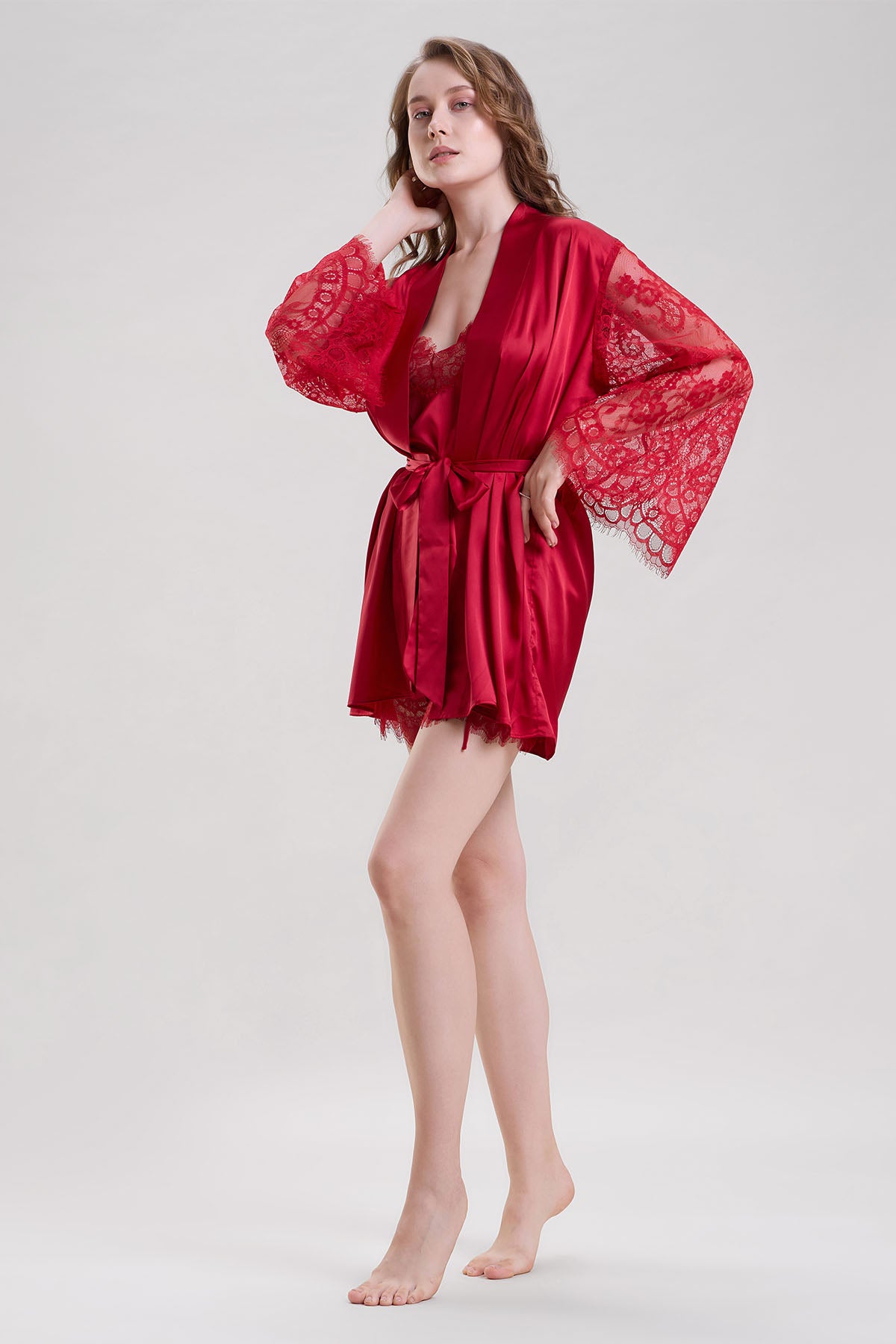 Red Lace Mini Robe & Shorts Set