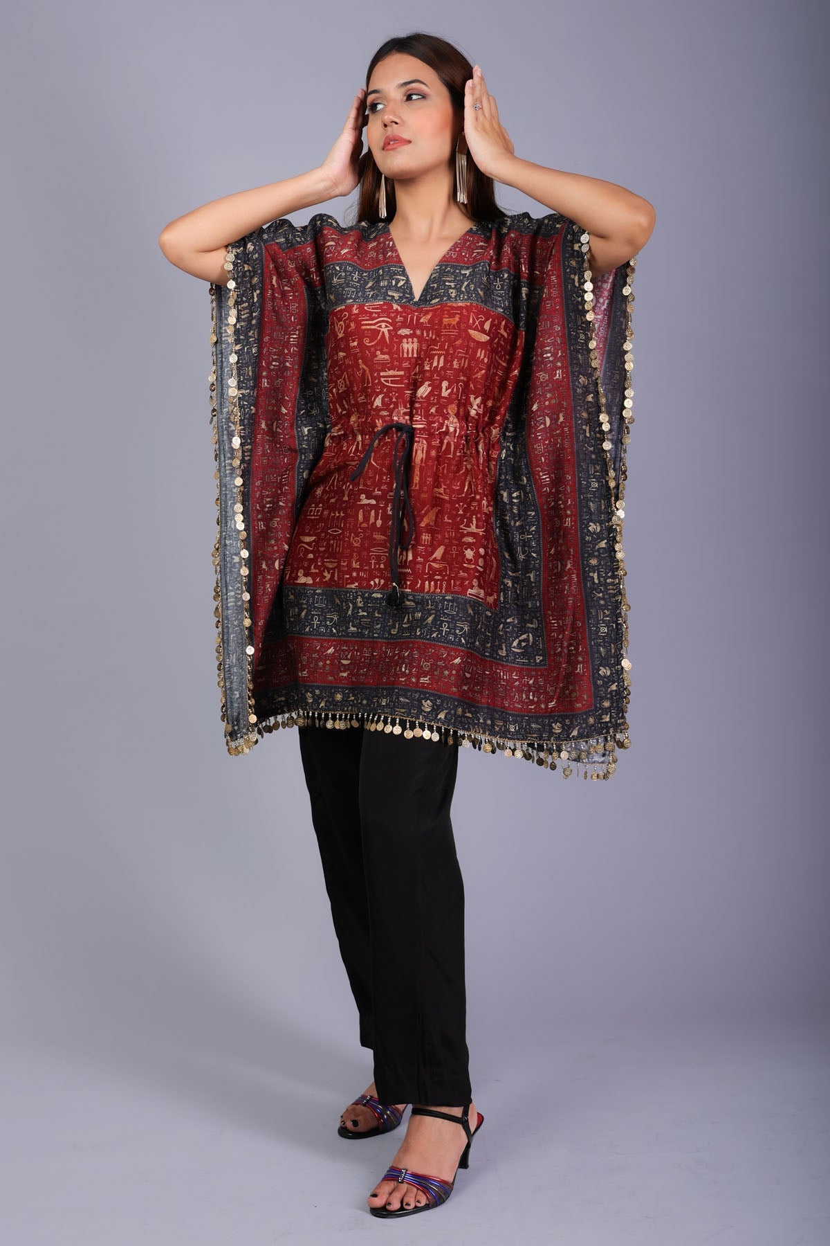 Etti Kapoor Red Laced Metal Coins Kaftan for women online at ScrollnShops