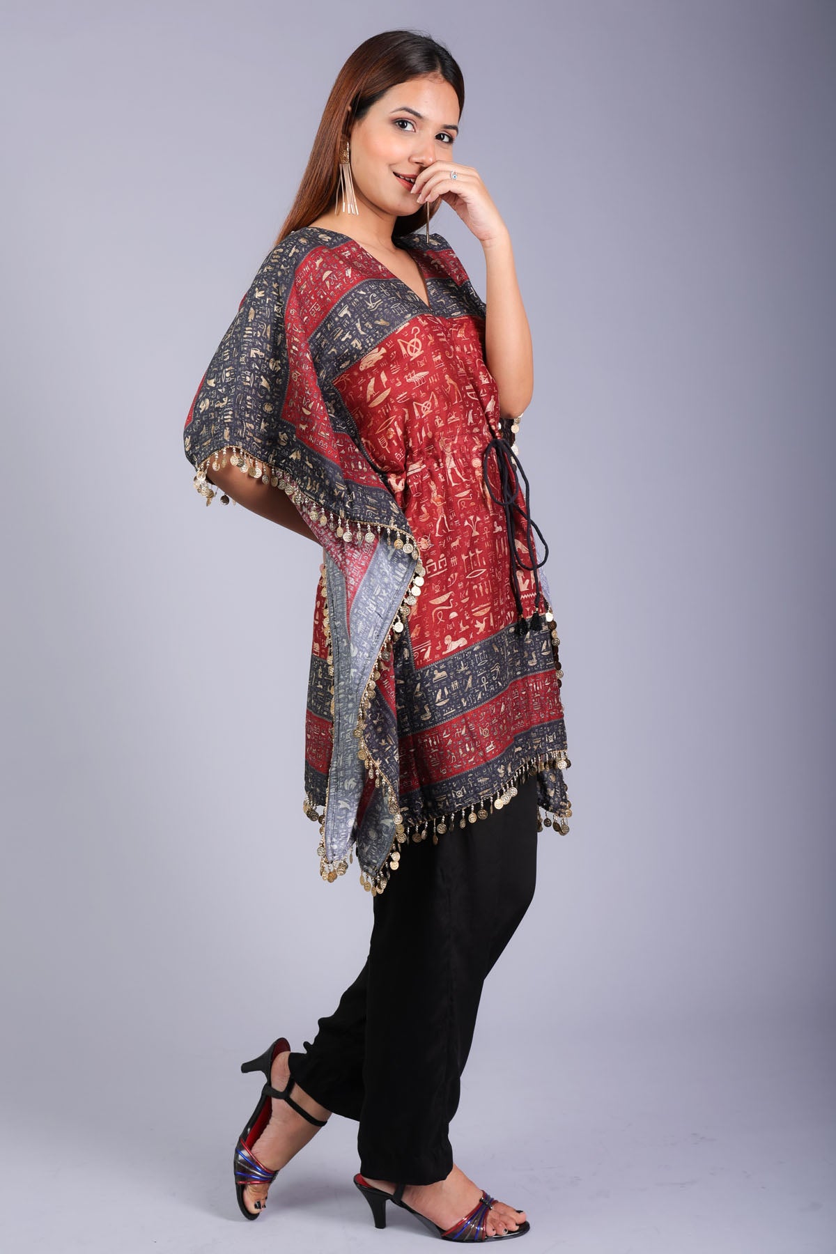 Red Laced Metal Coins Kaftan