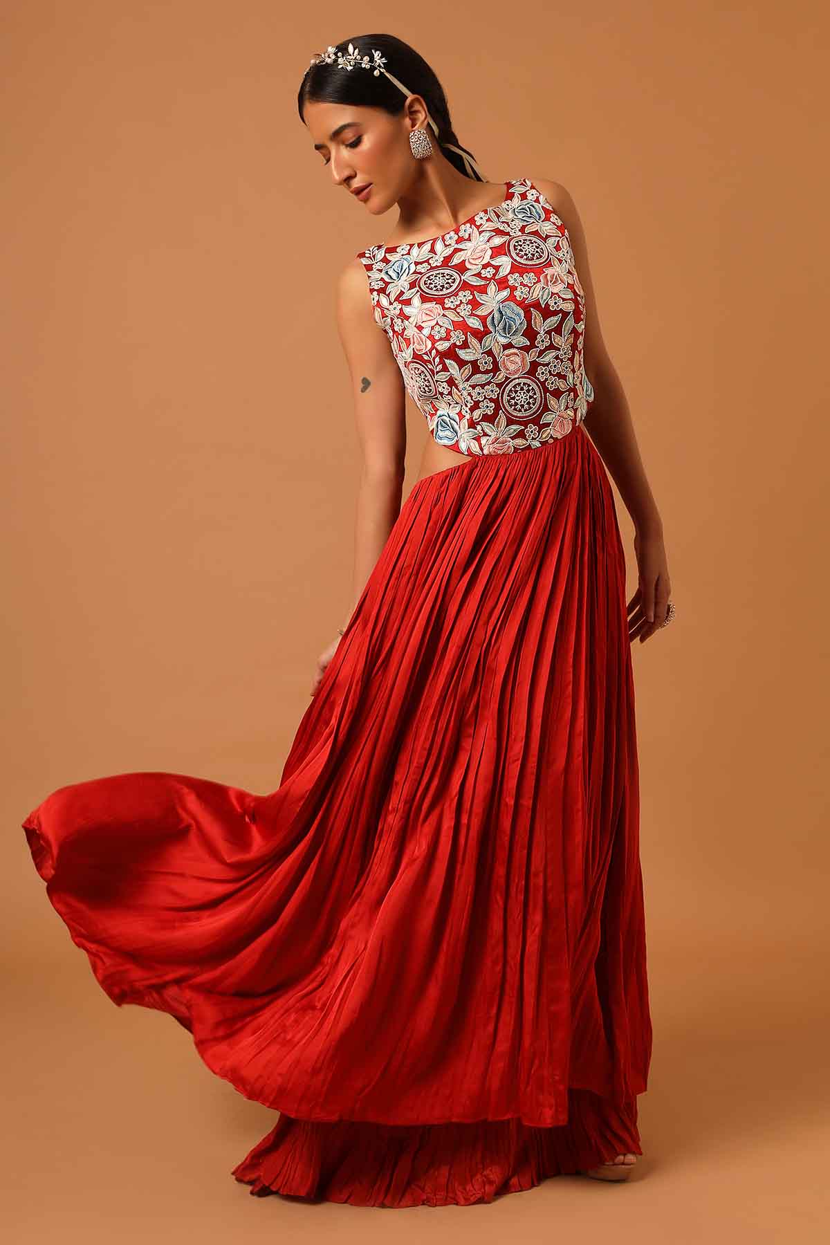 Red Layered Gathered Maxi Dress