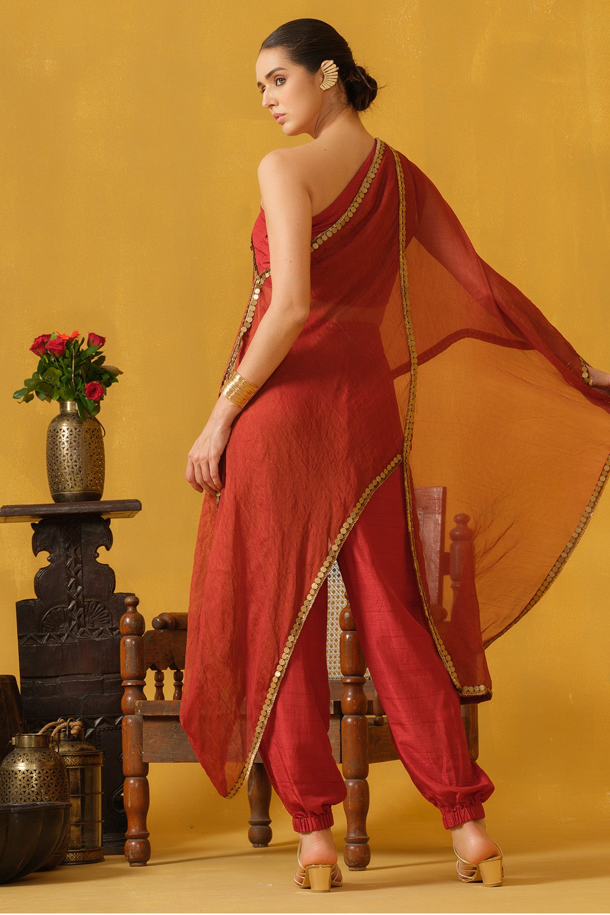 Red Leaf Sequins Indo-western