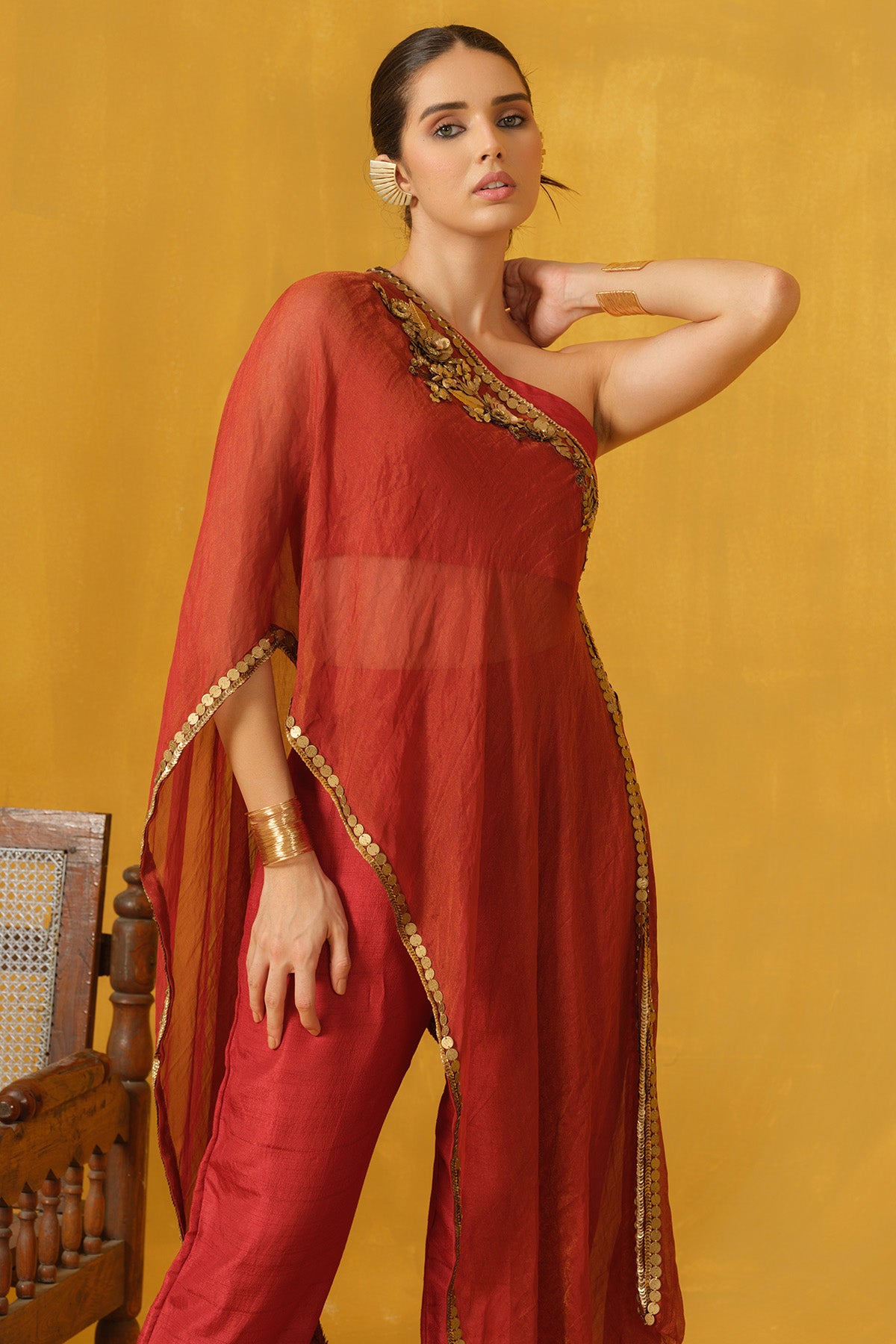 Red Leaf Sequins Indo-western