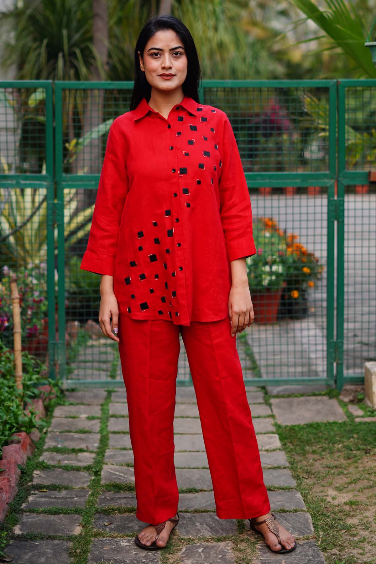 Designer Linen Bloom Red Linen Box Embroidered Shirt For Women Online at ScrollnShops