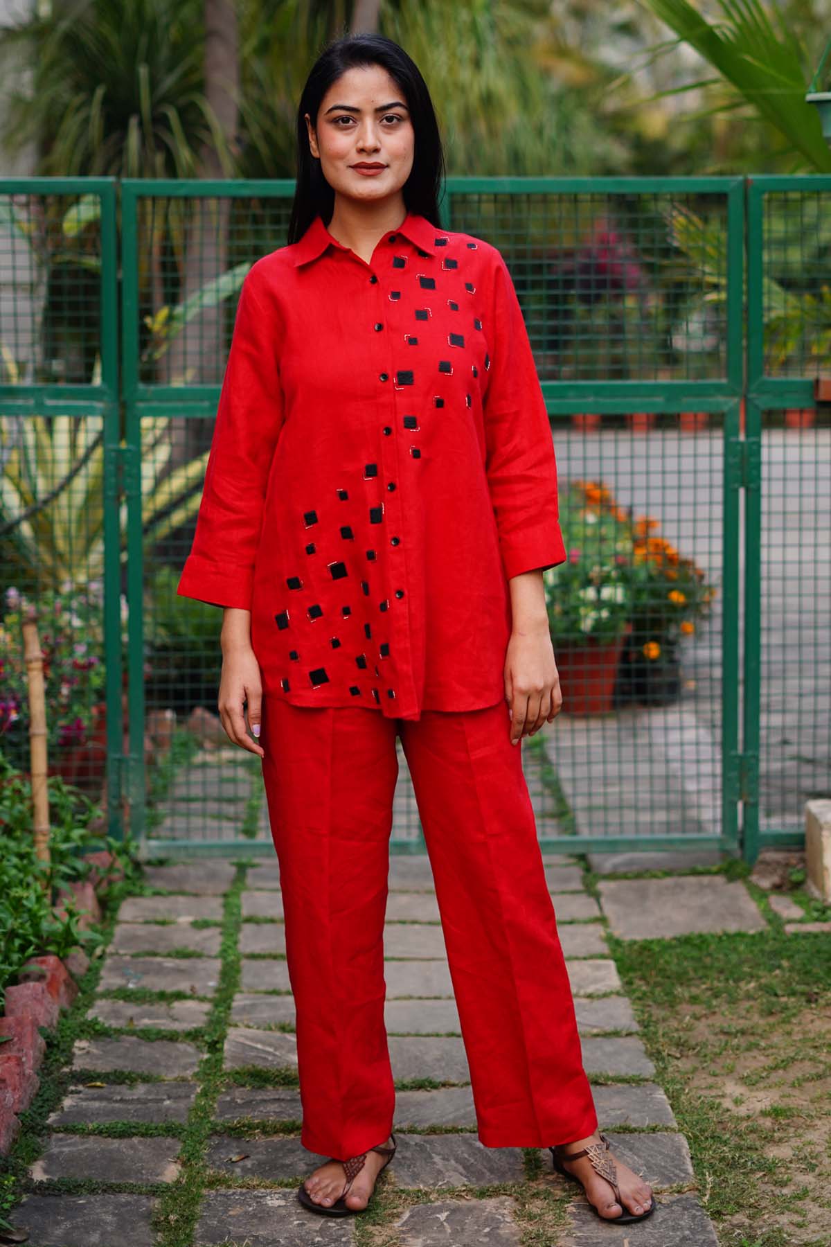 Buy Designer Red Linen Box Embroidered Shirt Online