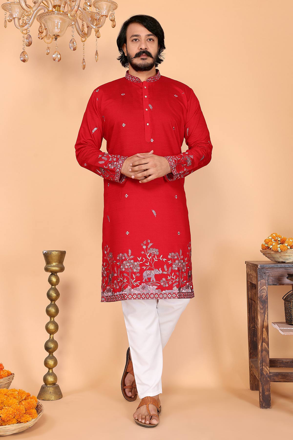 Buy Red Linen Cotton Kurta & Pants for men by Jyoti Fashion online available at scrollnshops