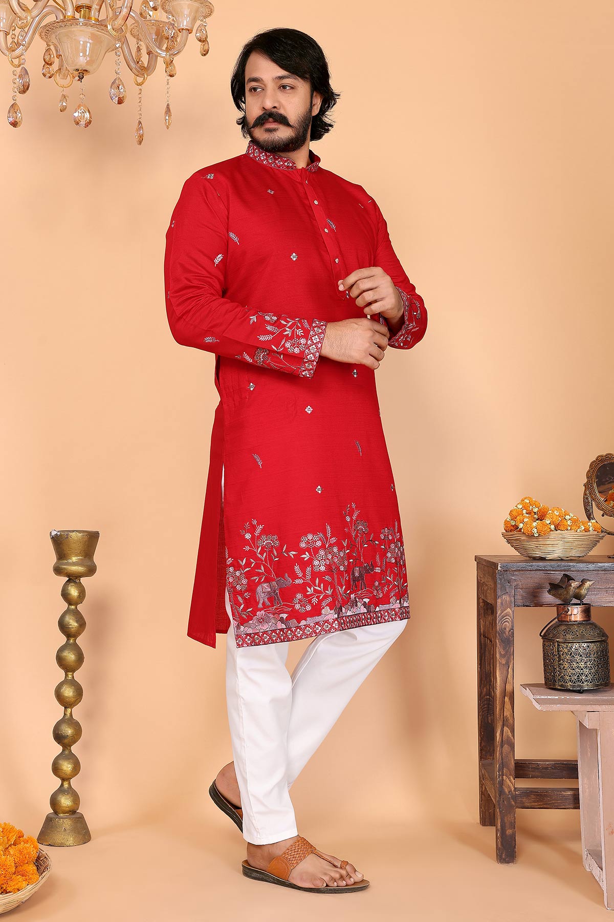 Red Linen Cotton Kurta & Pants