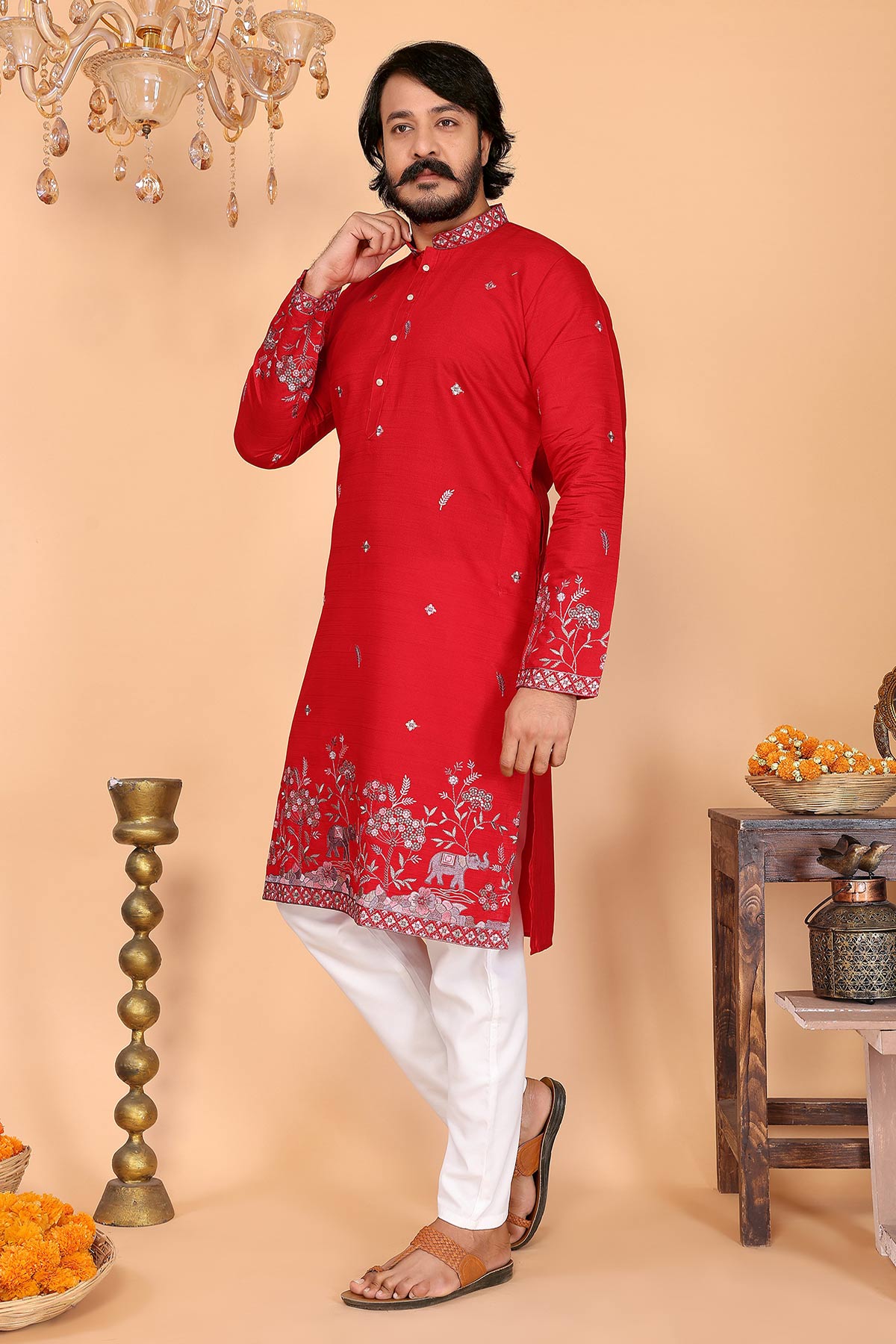 Red Linen Cotton Kurta & Pants