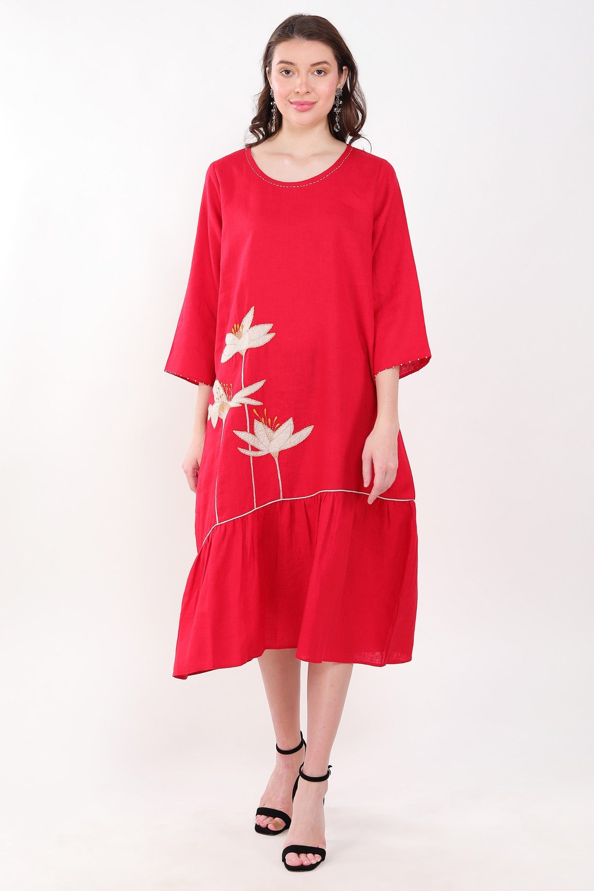 Linen Bloom Red Linen Embroidered Dress for women online at ScrollnShops