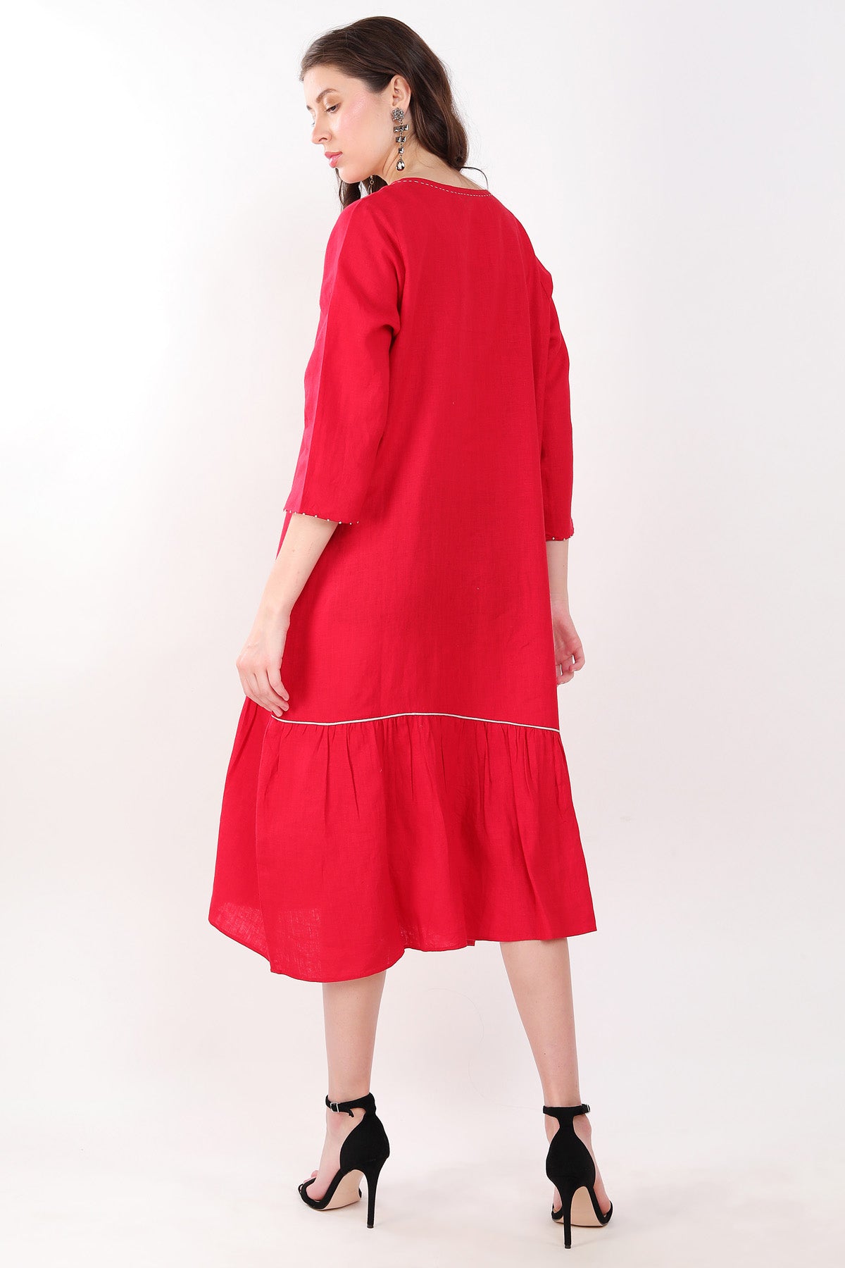 Red Linen Embroidered Dress
