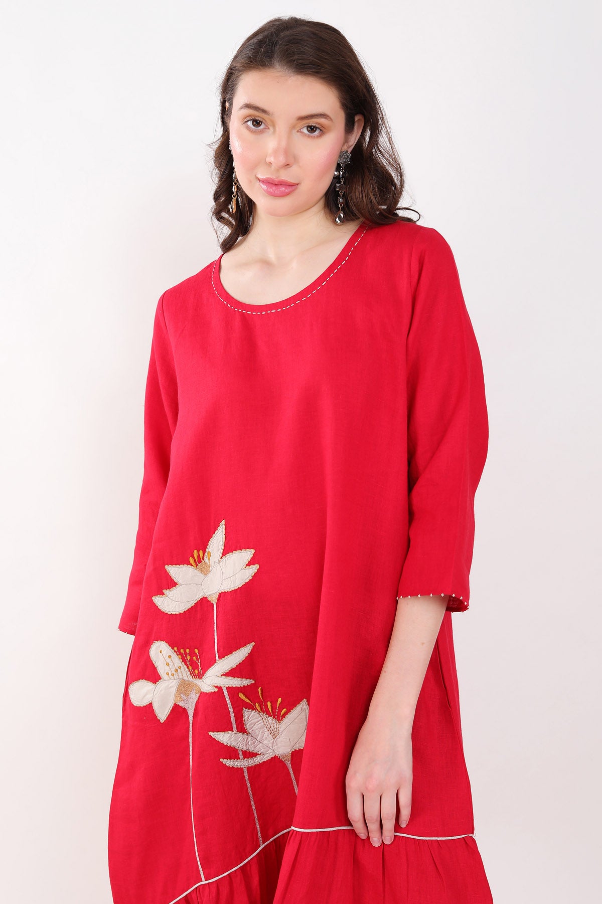 Red Linen Embroidered Dress