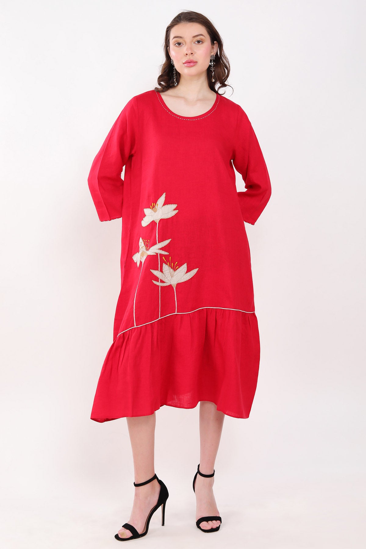 Red Linen Embroidered Dress