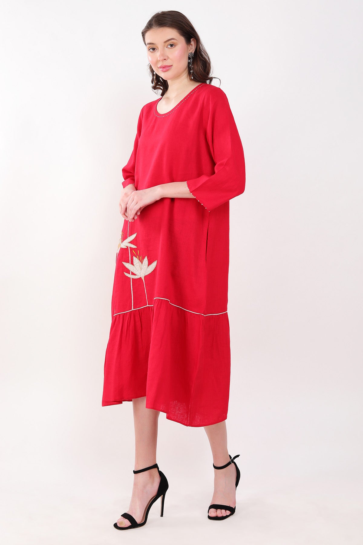 Red Linen Embroidered Dress