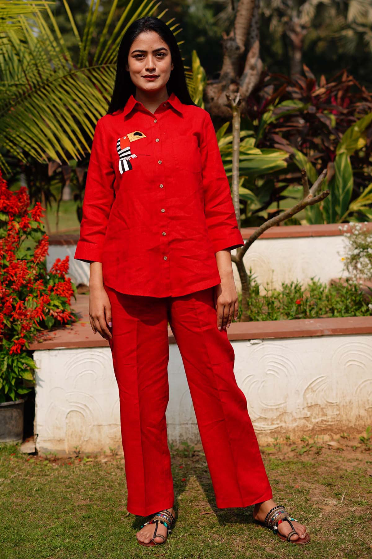 Buy Designer Red Linen Embroidered Shirt Online