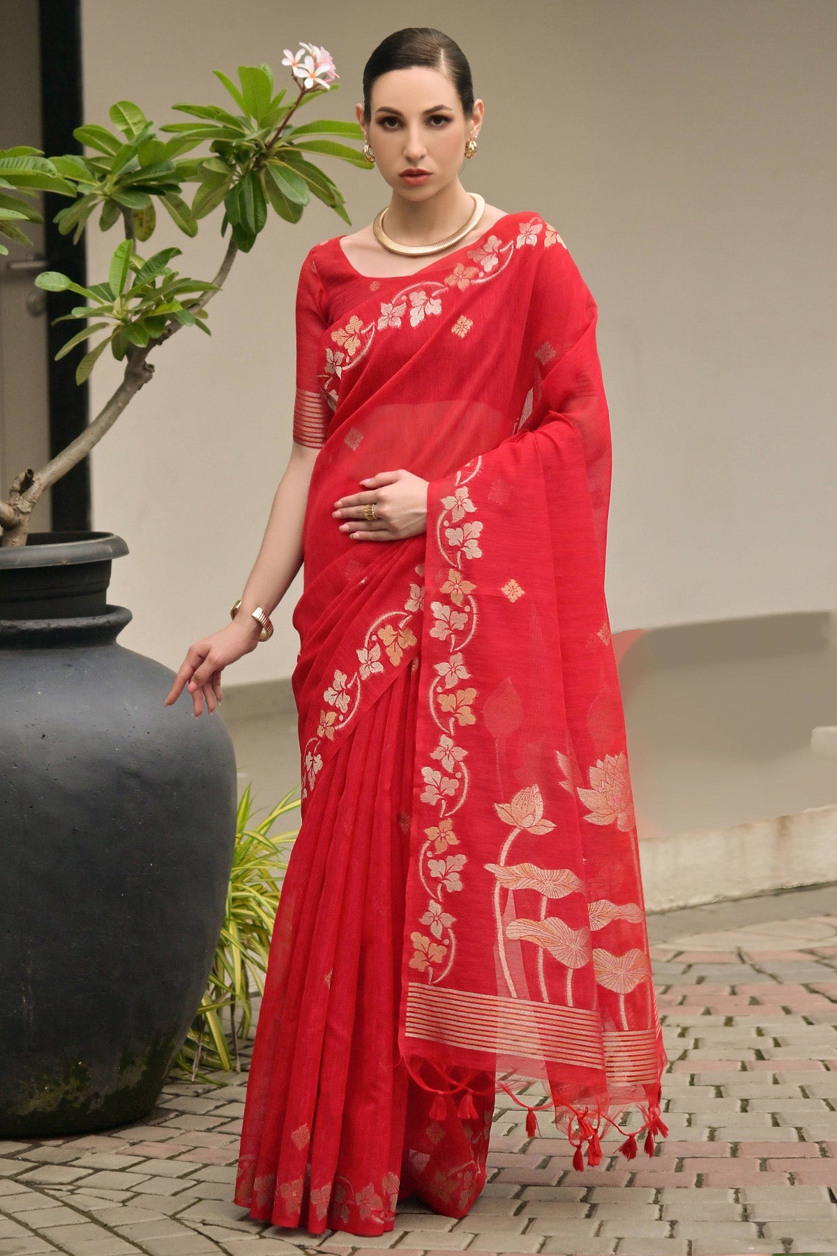 Buy Red Linen Silk Pure Woven Saree for women by Lili Lala Designer online available at scrollnshops