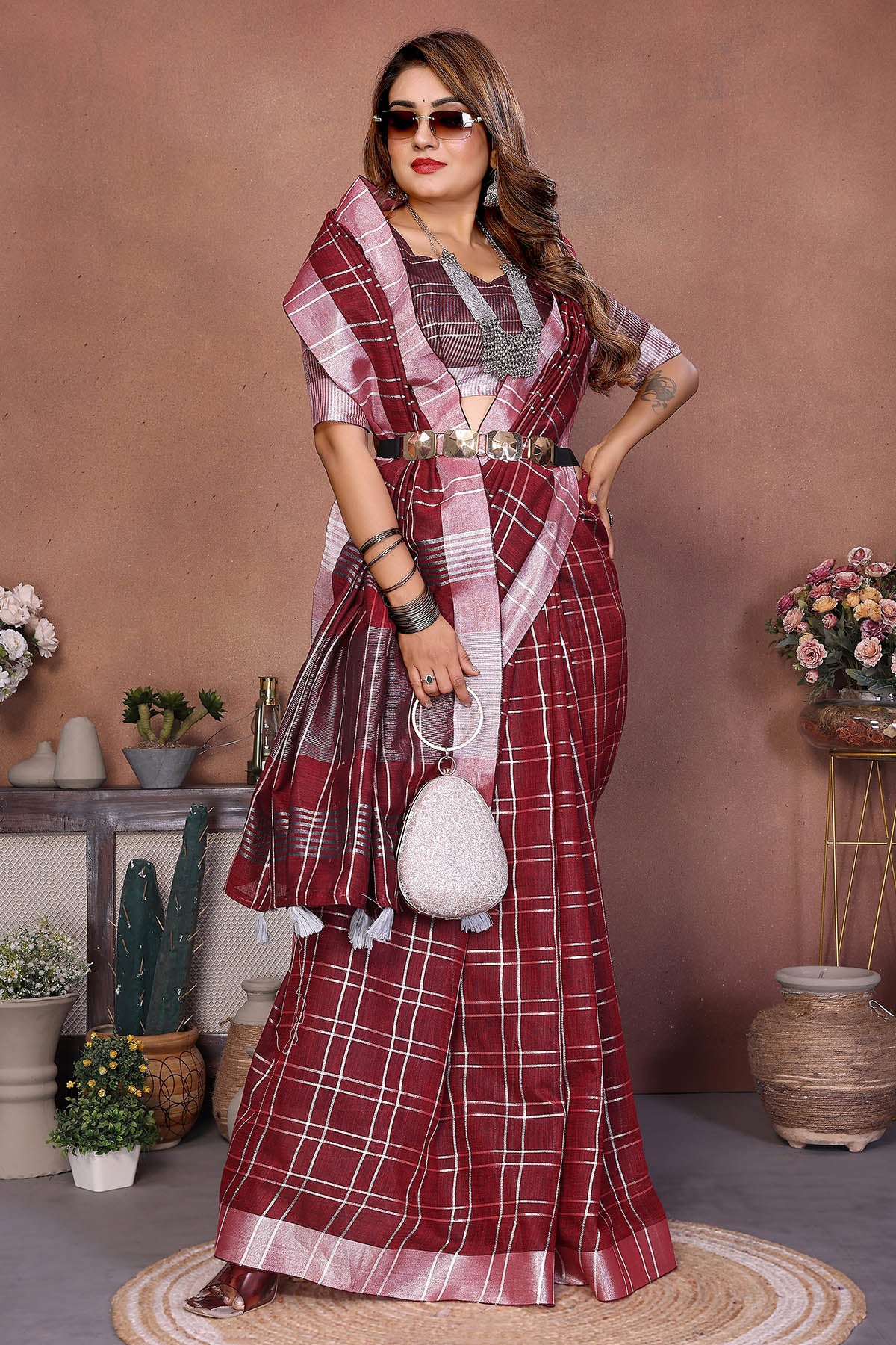 Red Linen Weaving Fancy Saree