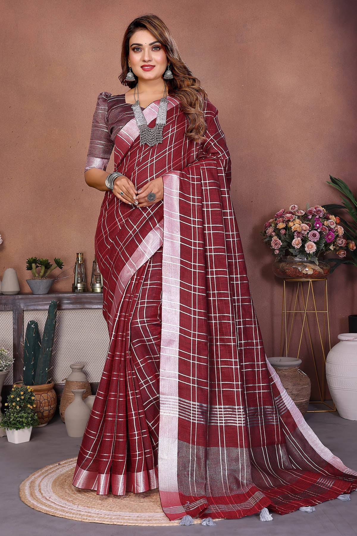 Buy Red Linen Weaving Fancy Saree for women by Aastha Fashion online available at scrollnshops