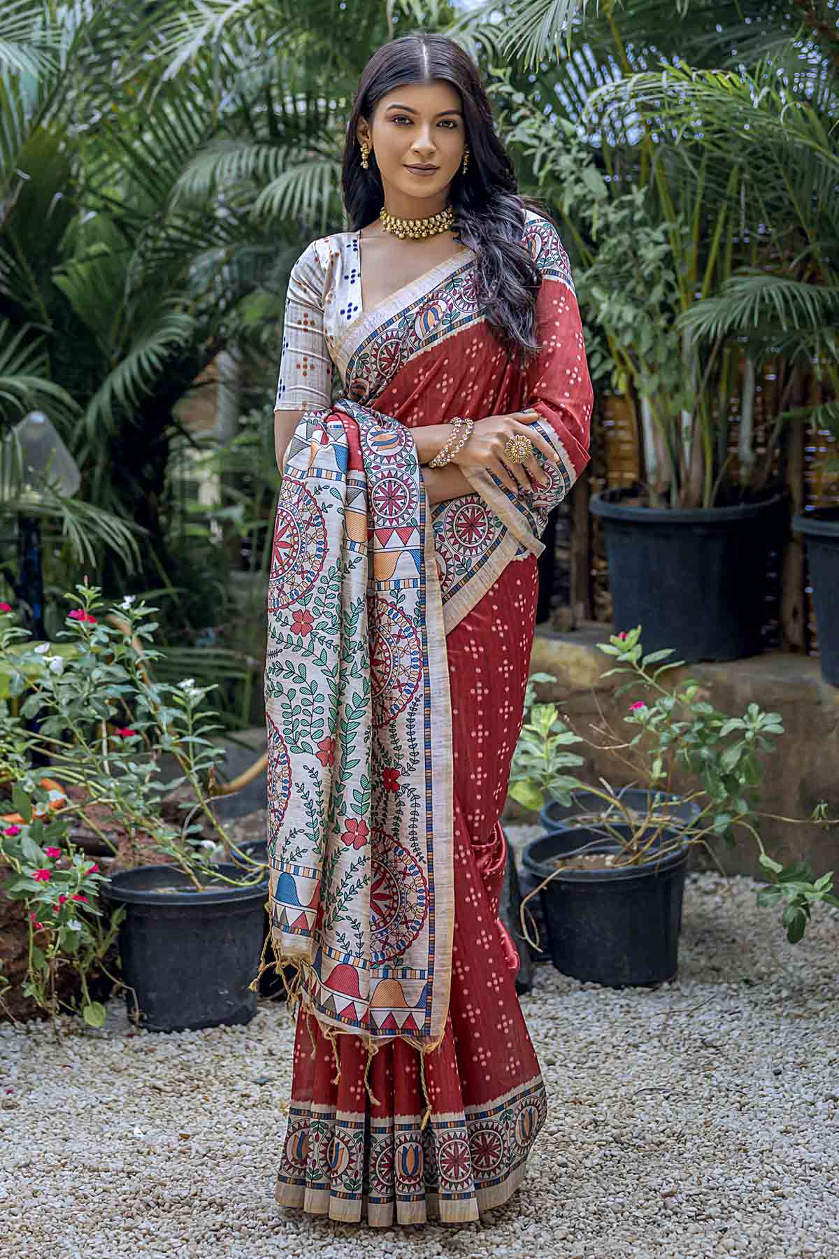 Buy Designer Red Madhubani Print Saree Online