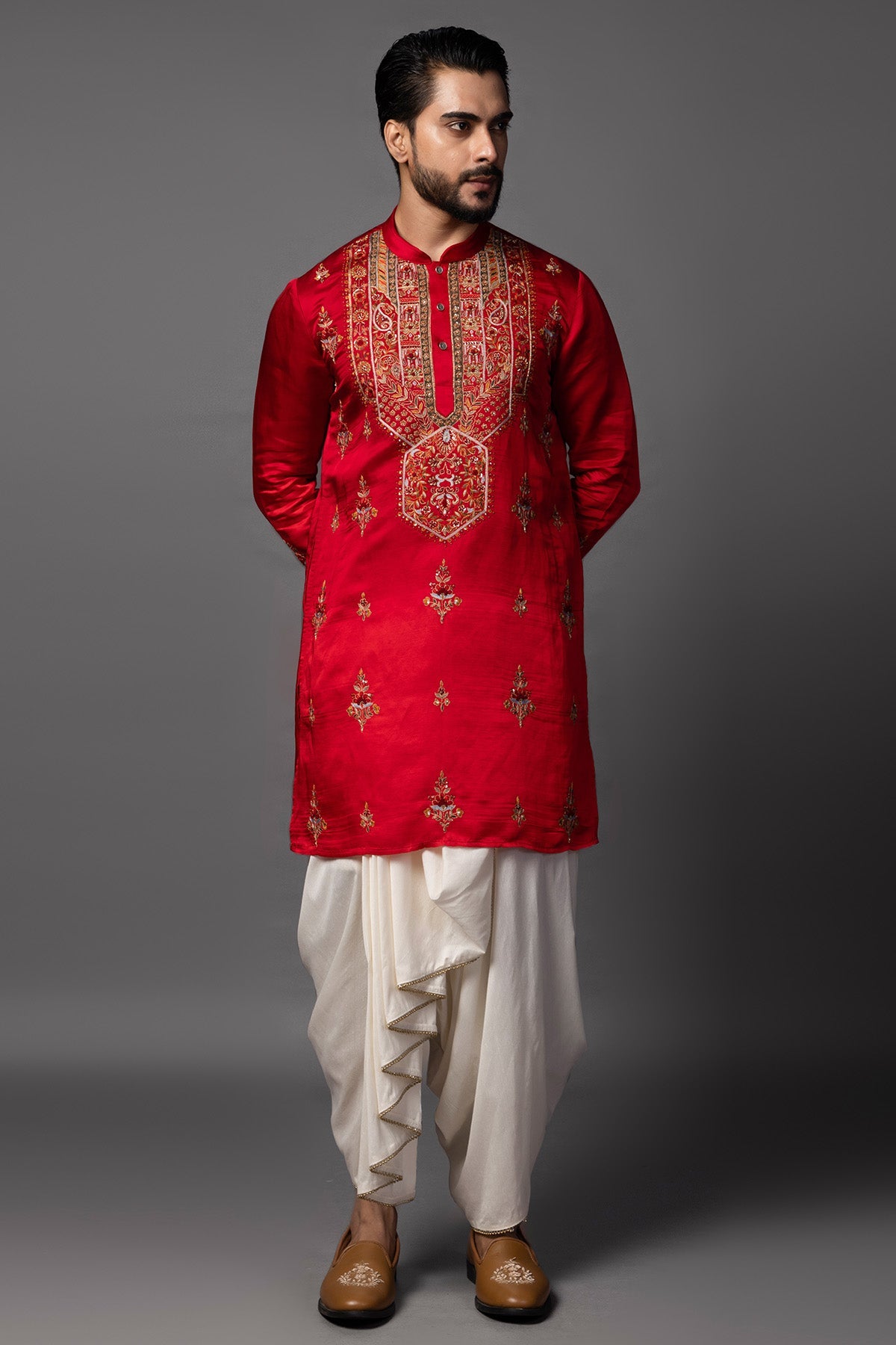 Buy Red Meenakari Kurta And Dhoti for men by Paarsh Atelier online available at scrollnshops
