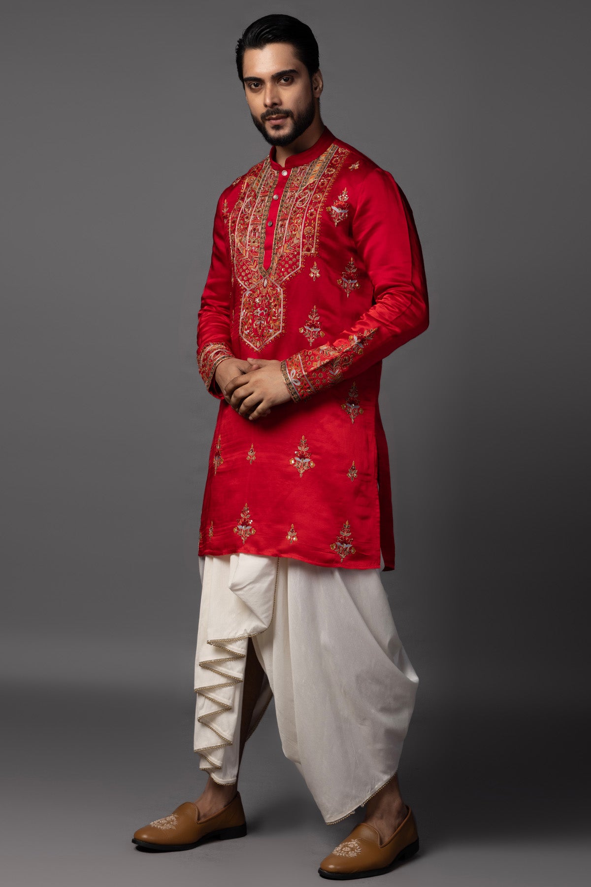 Red Meenakari Kurta And Dhoti