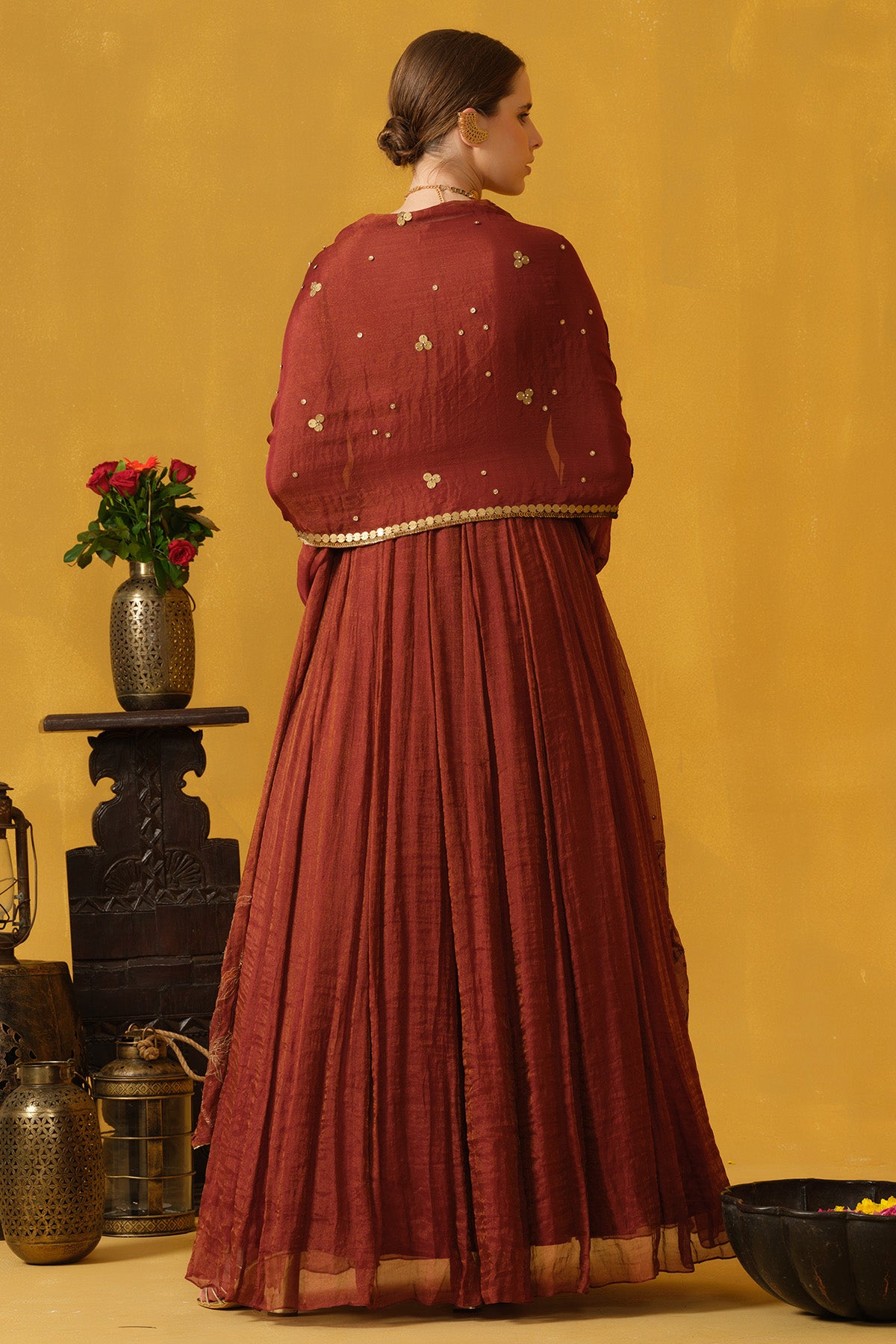 Red Metallic Gold Pipes Gown