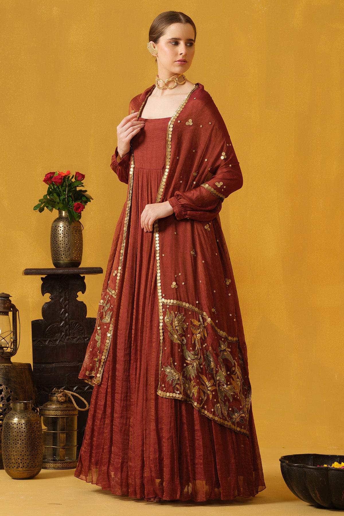 Red Metallic Gold Pipes Gown