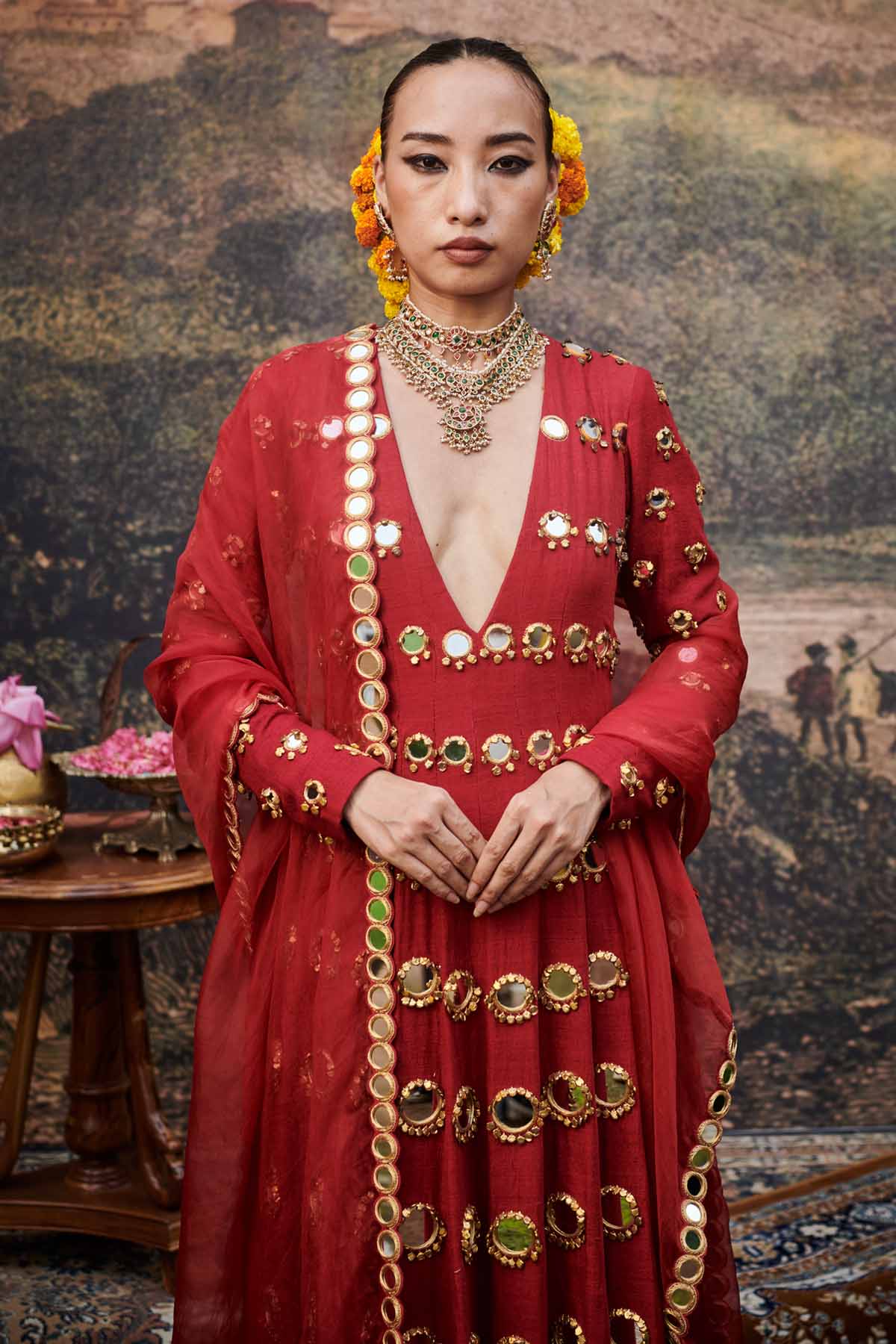 Red Mirror Embroidered Kurta set