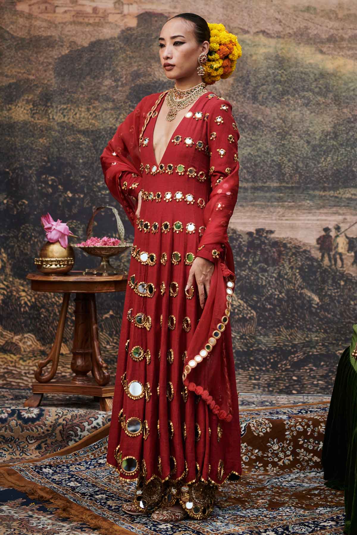 ITRH Red Mirror Embroidered Kurta set for women online at ScrollnShops