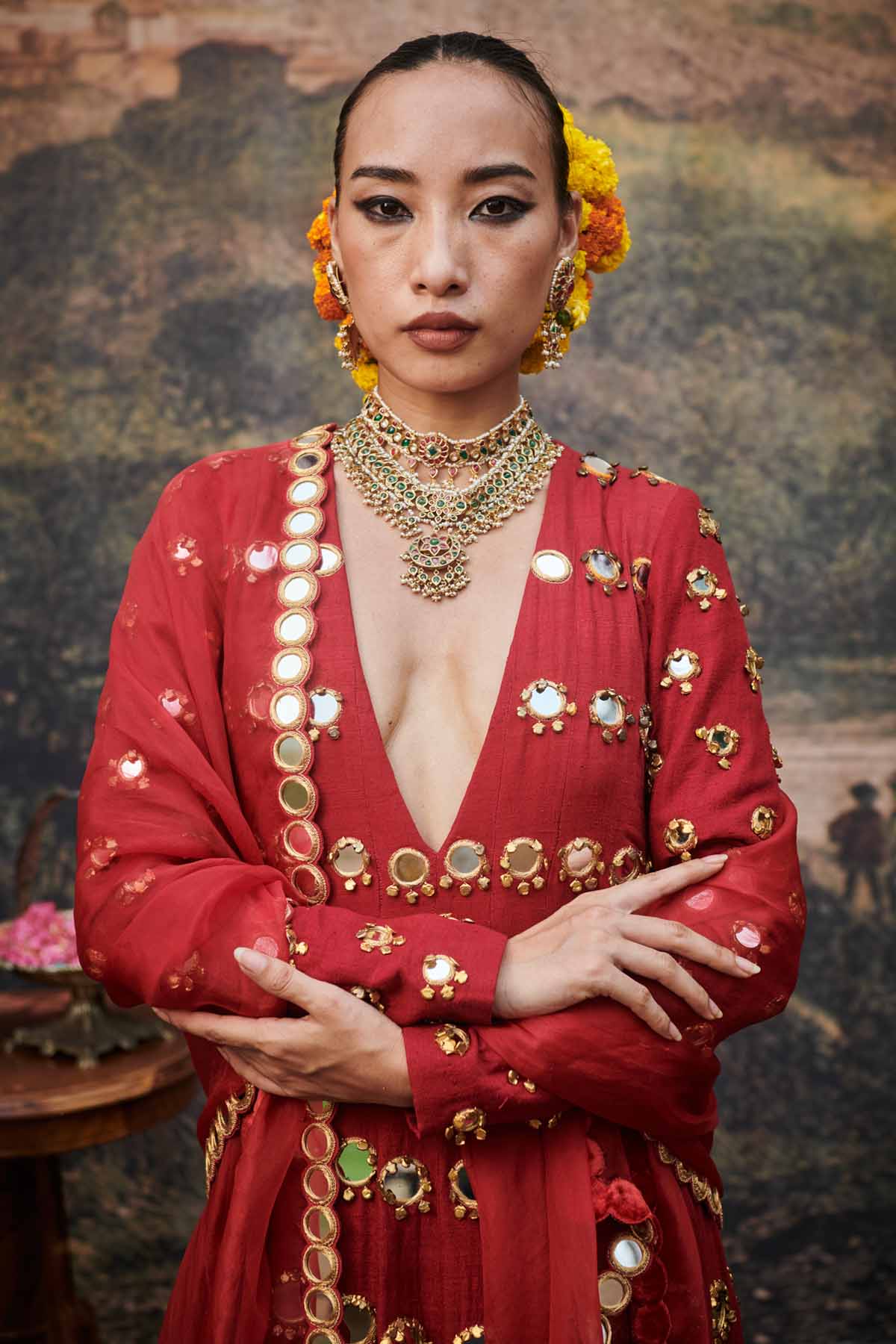 Red Mirror Embroidered Kurta set