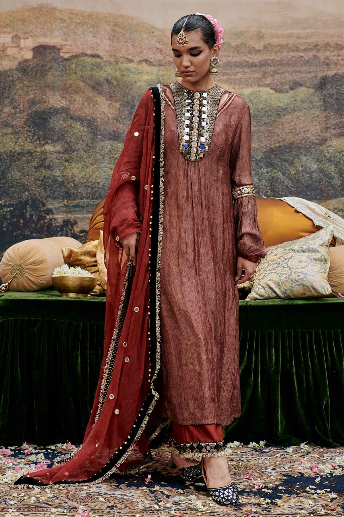 Buy ITRH, Designer Red Mirror Work Neck Kurta Set Online