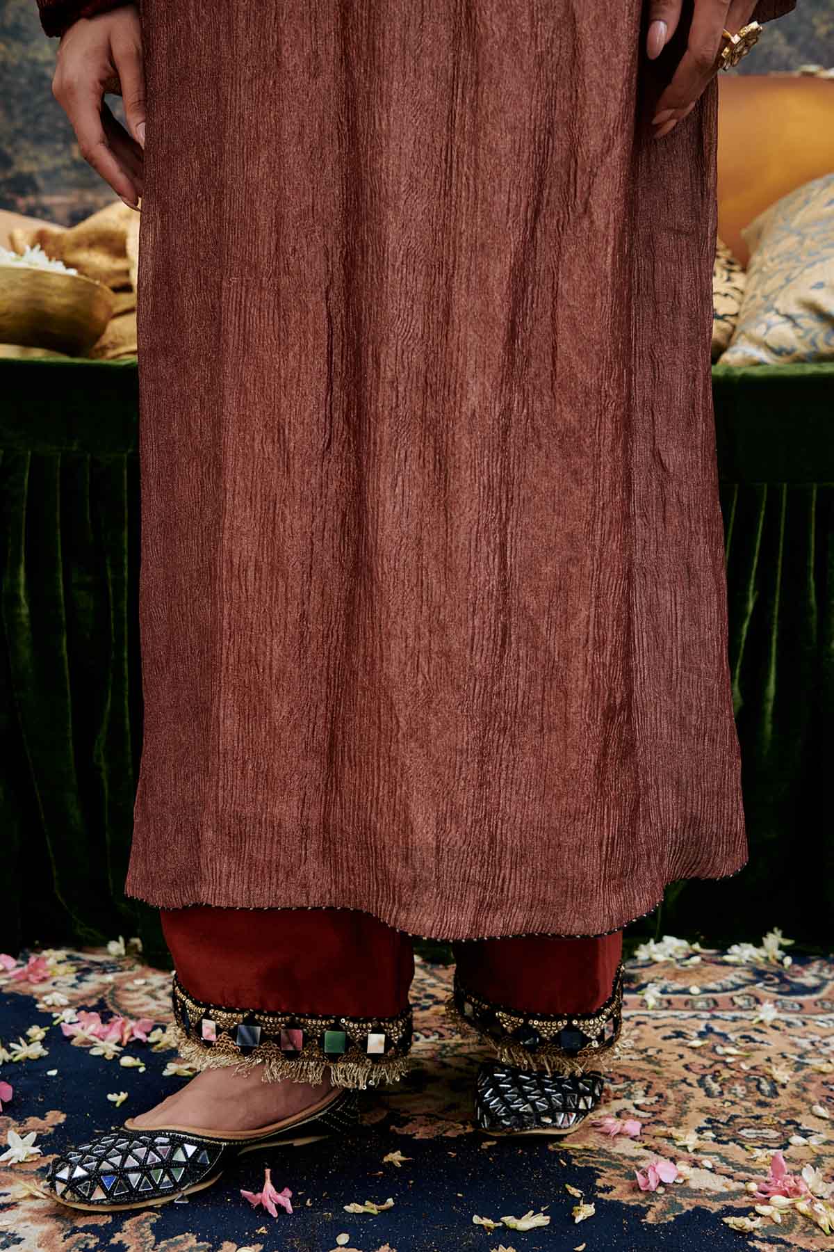 Red Mirror Work Neck Kurta Set