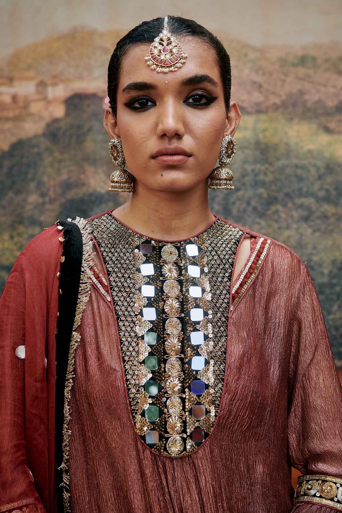 Red Mirror Work Neck Kurta Set