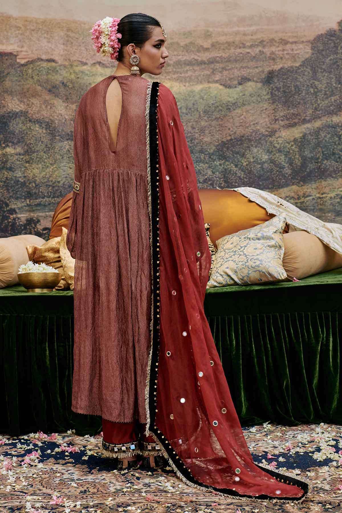 Red Mirror Work Neck Kurta Set