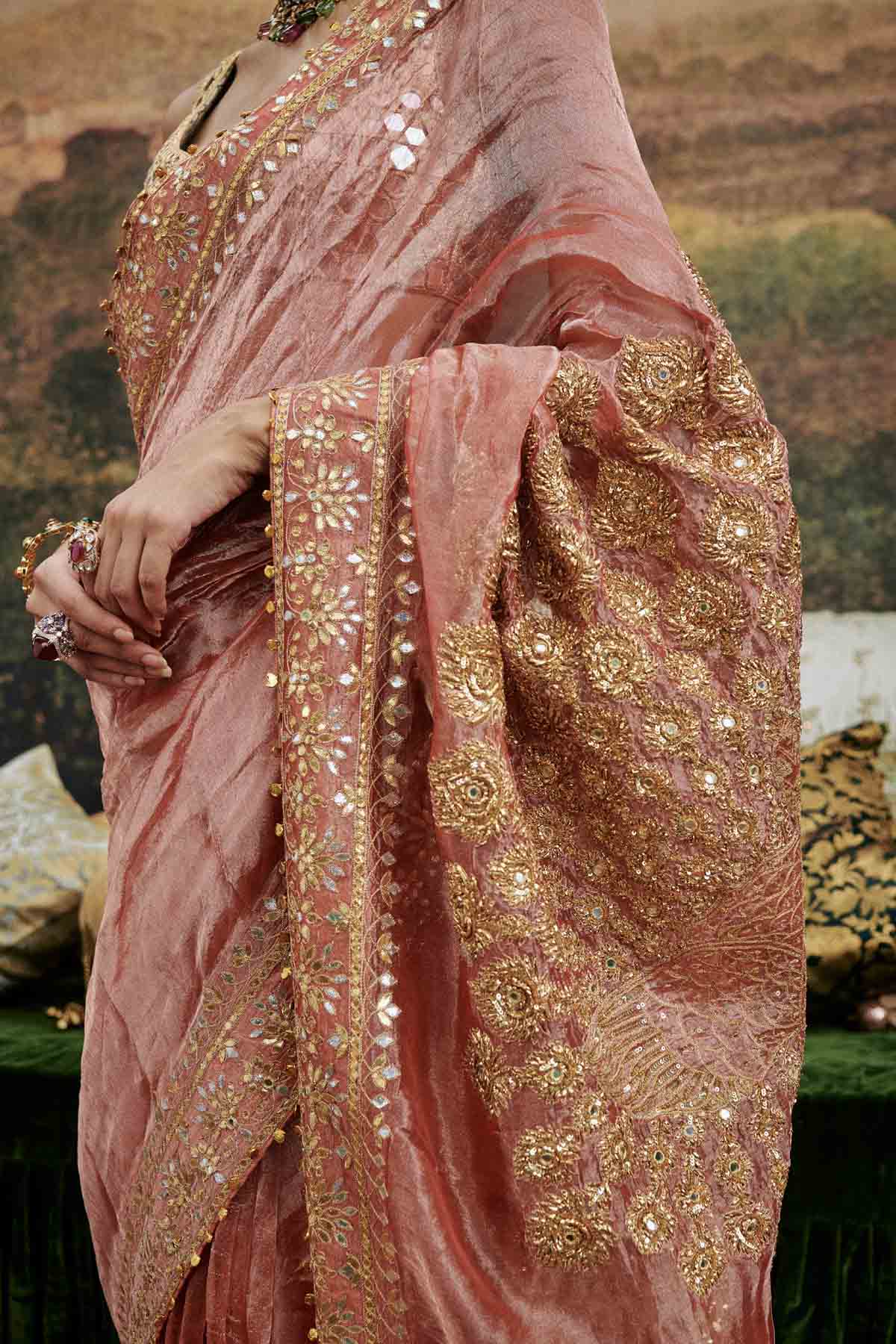 Red Mirror Work Saree & Blouse