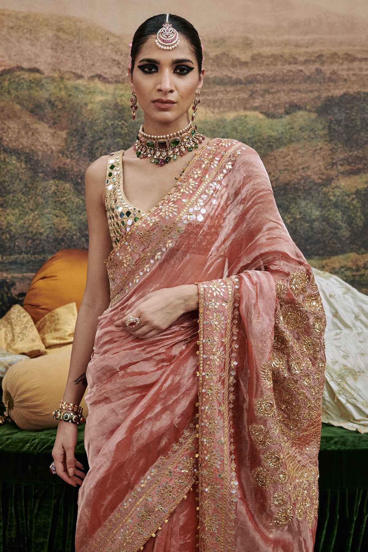 Red Mirror Work Saree & Blouse