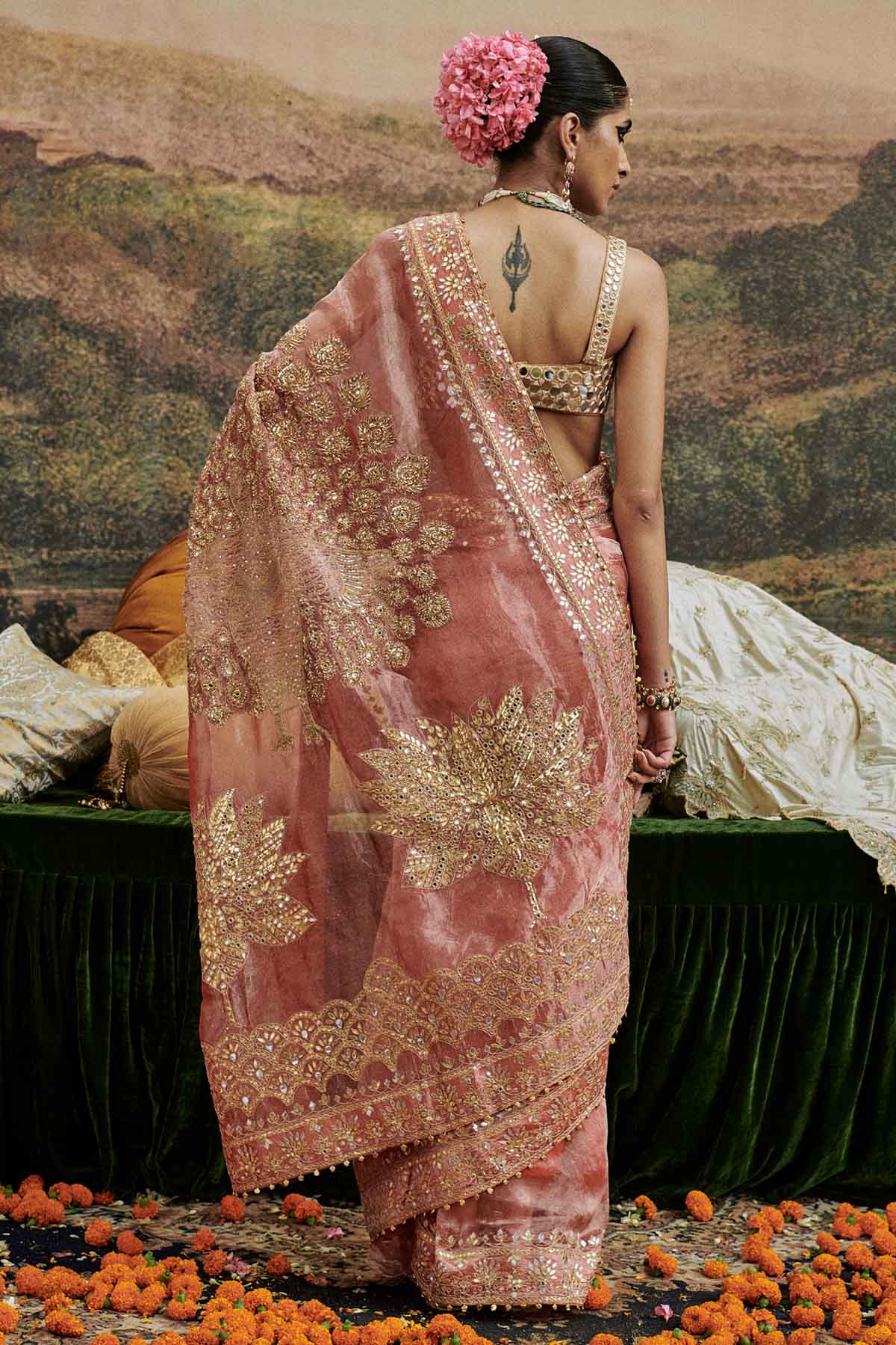 Red Mirror Work Saree & Blouse