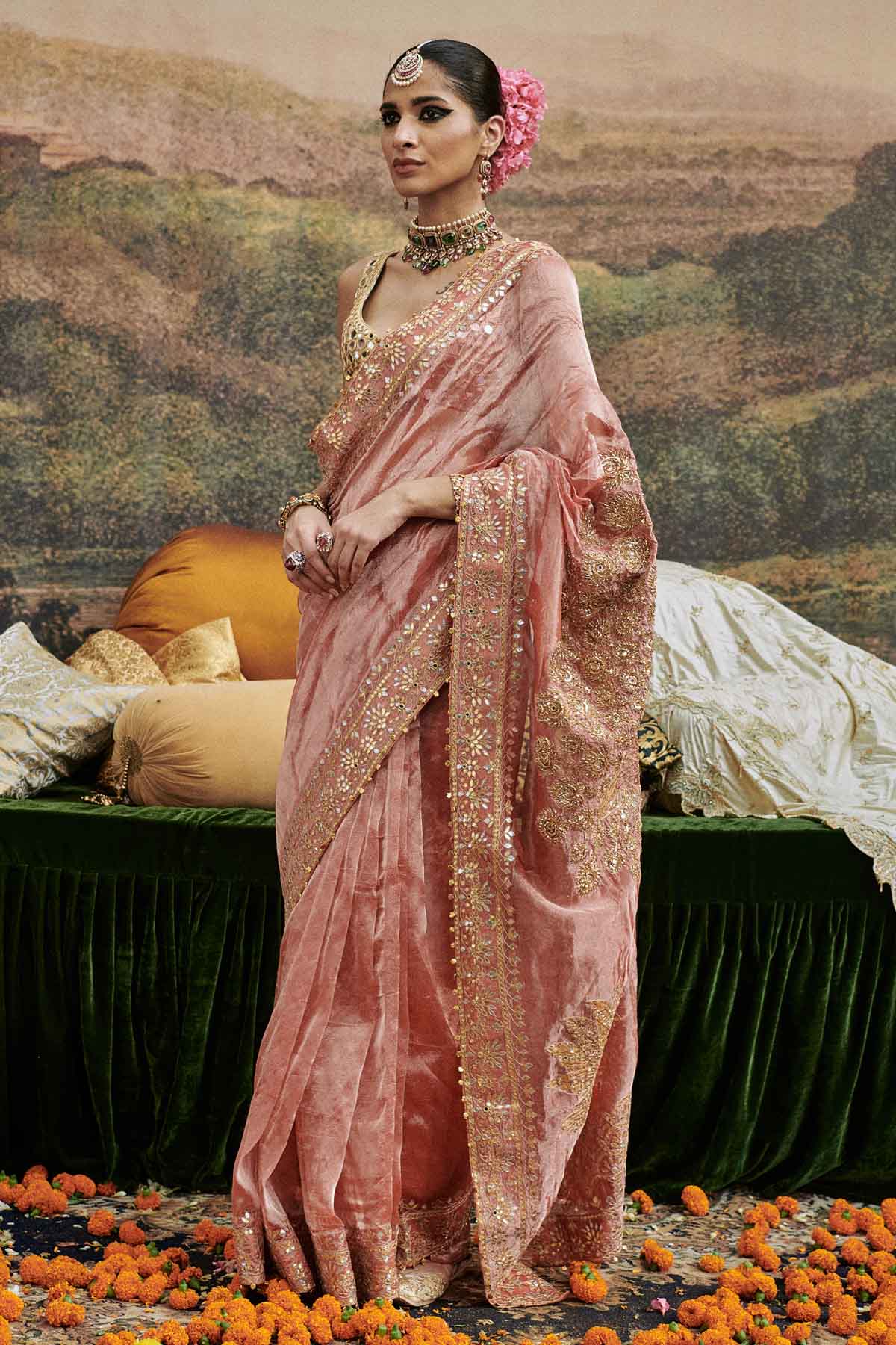 Red Mirror Work Saree & Blouse