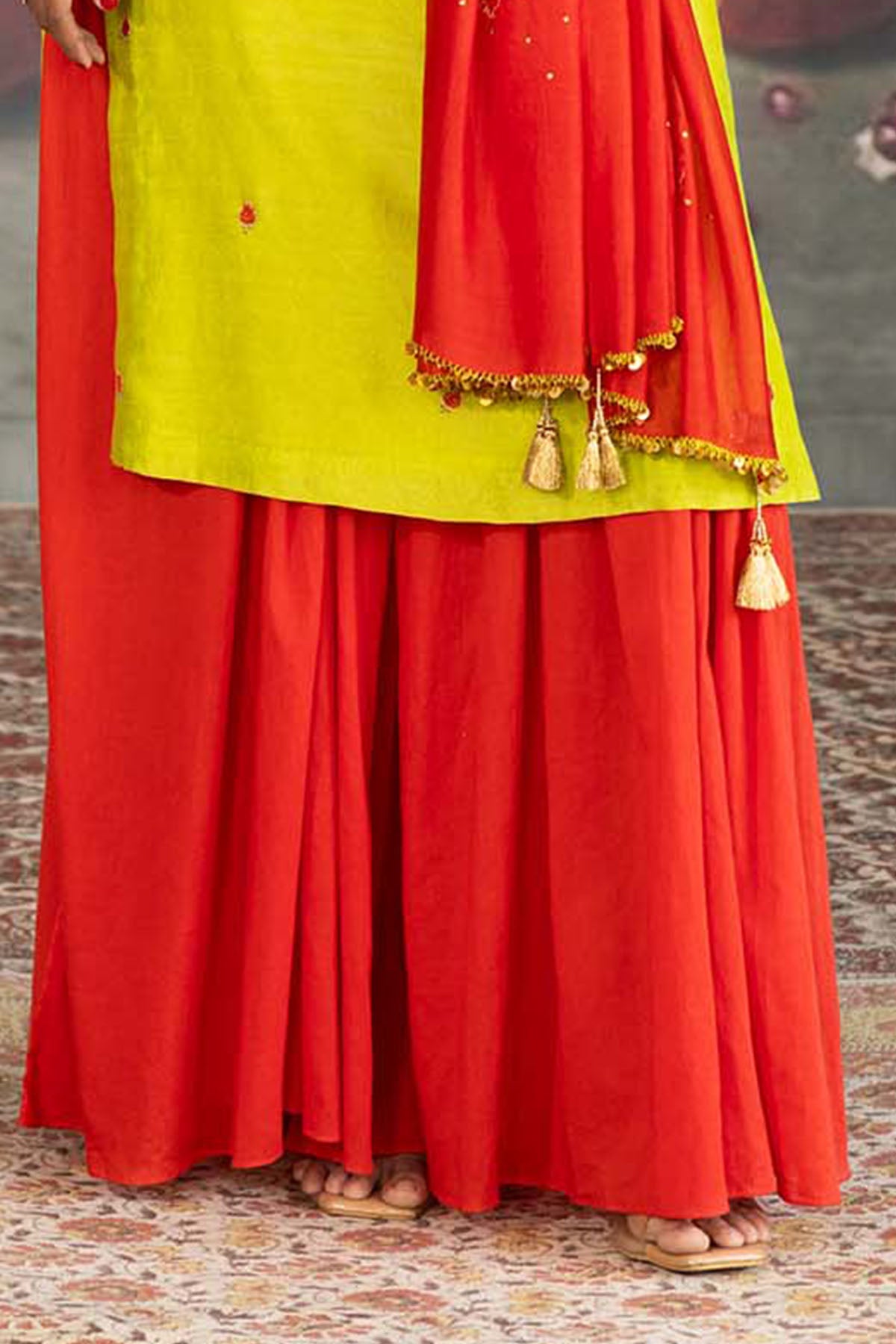 Red Mul Pleated Flared Pants