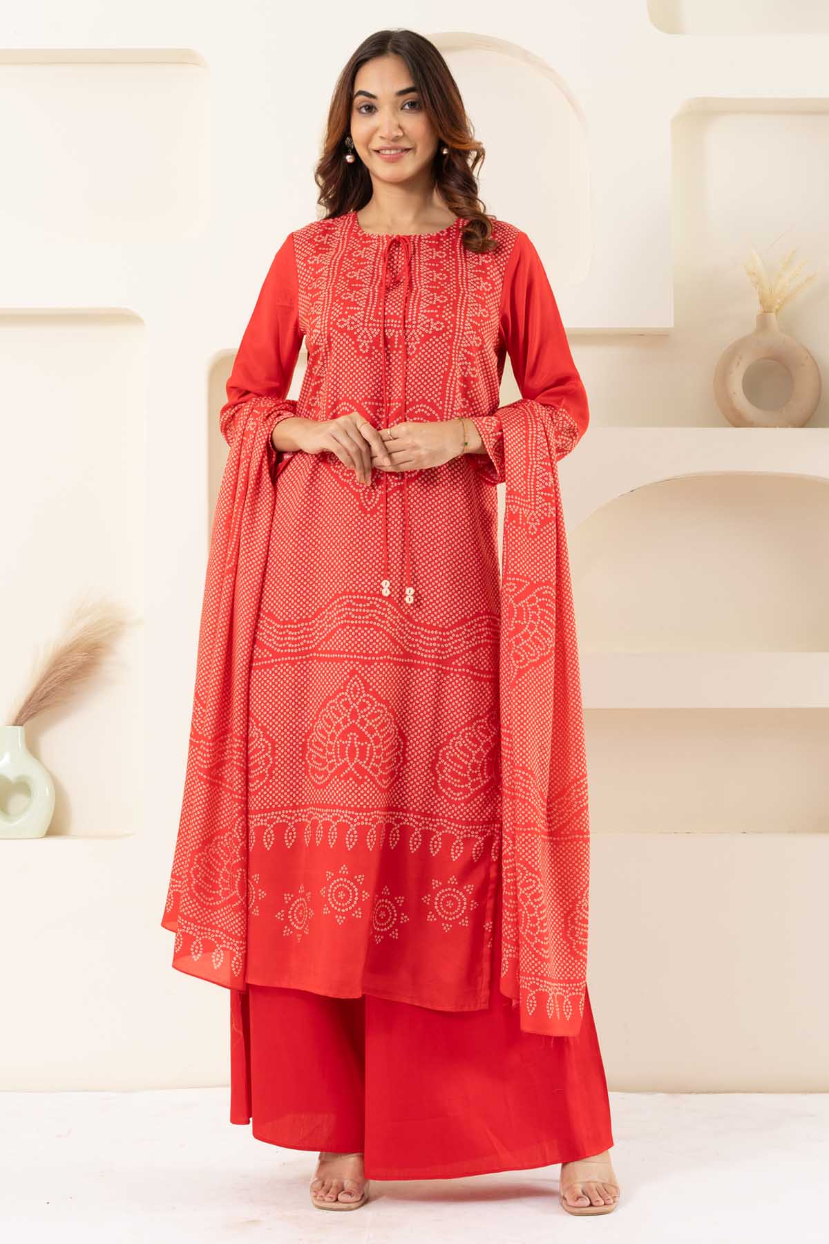 Eesha Gupta Red Muslin Bandhani Kurta Set for men online at ScrollnShops