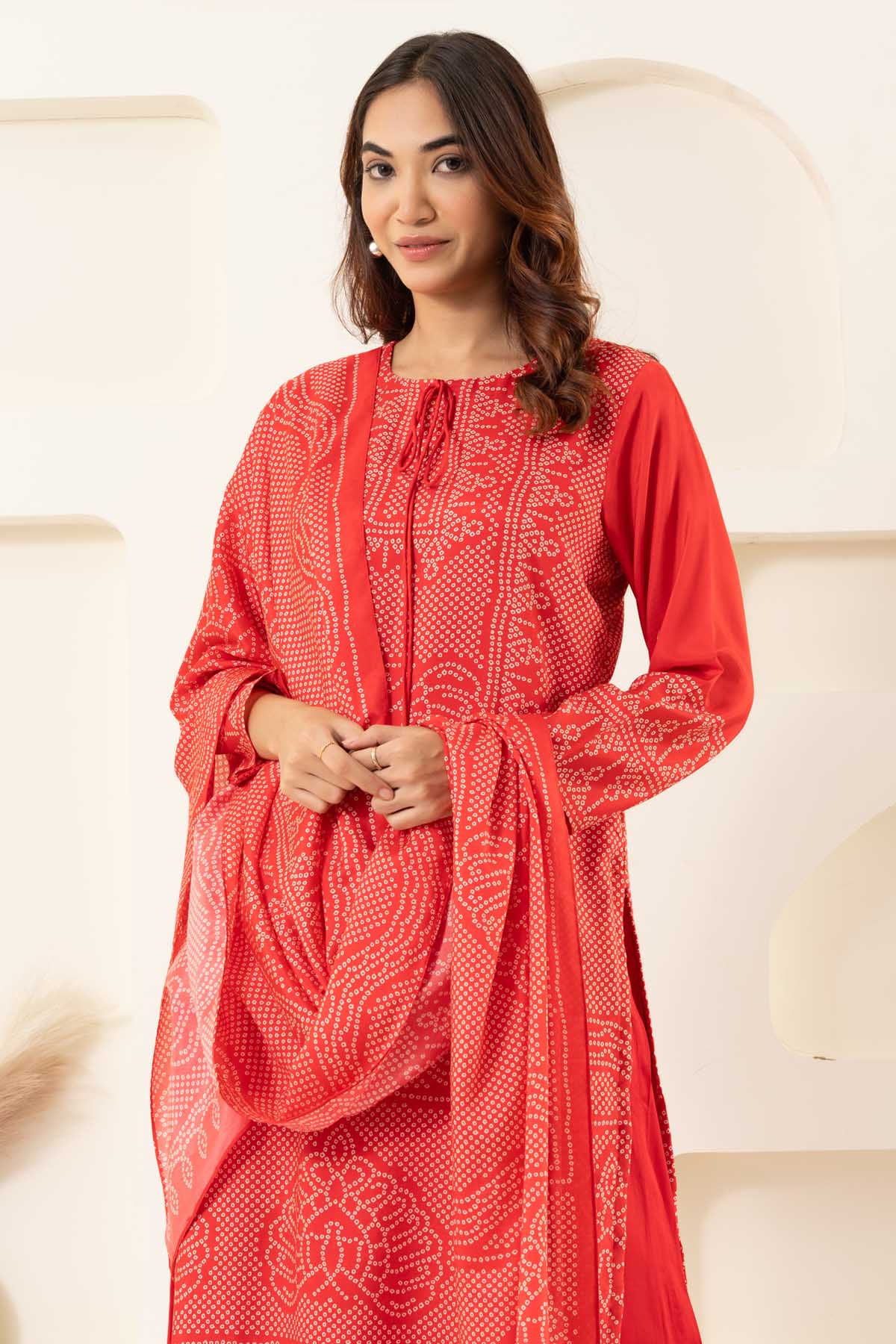 Red Muslin Bandhani Kurta Set
