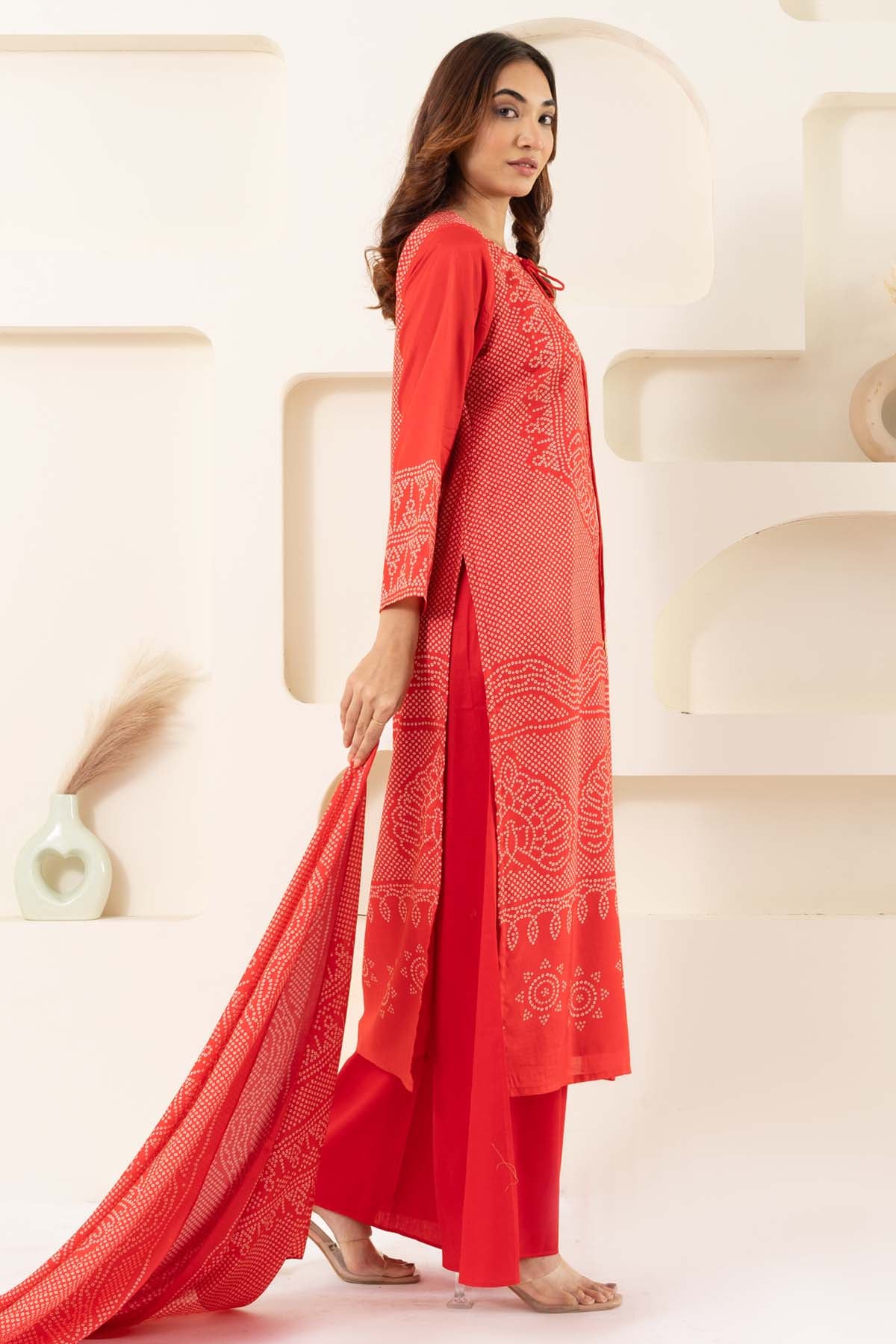 Red Muslin Bandhani Kurta Set
