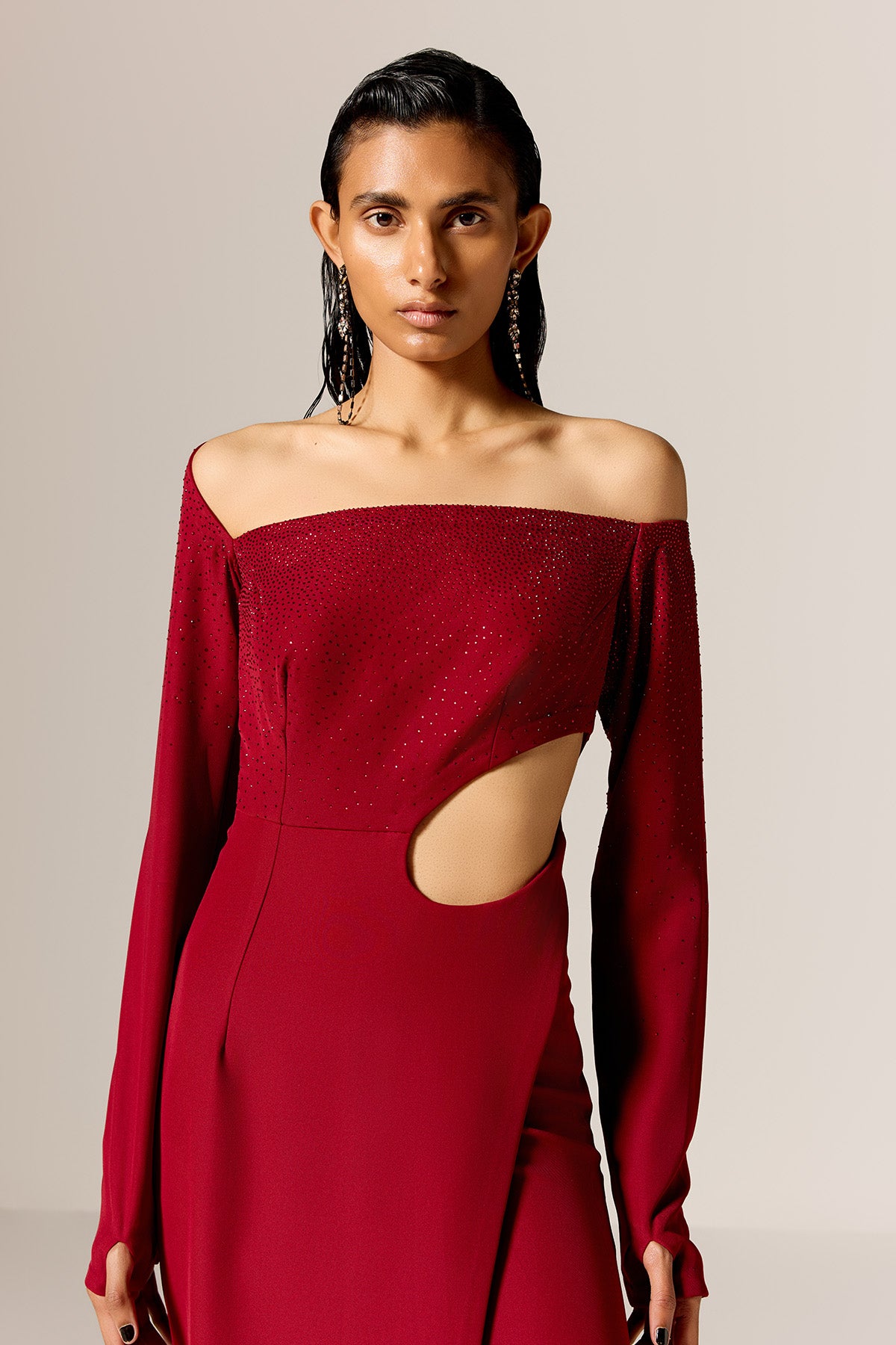Red Off-Shoulder High Slit Gown