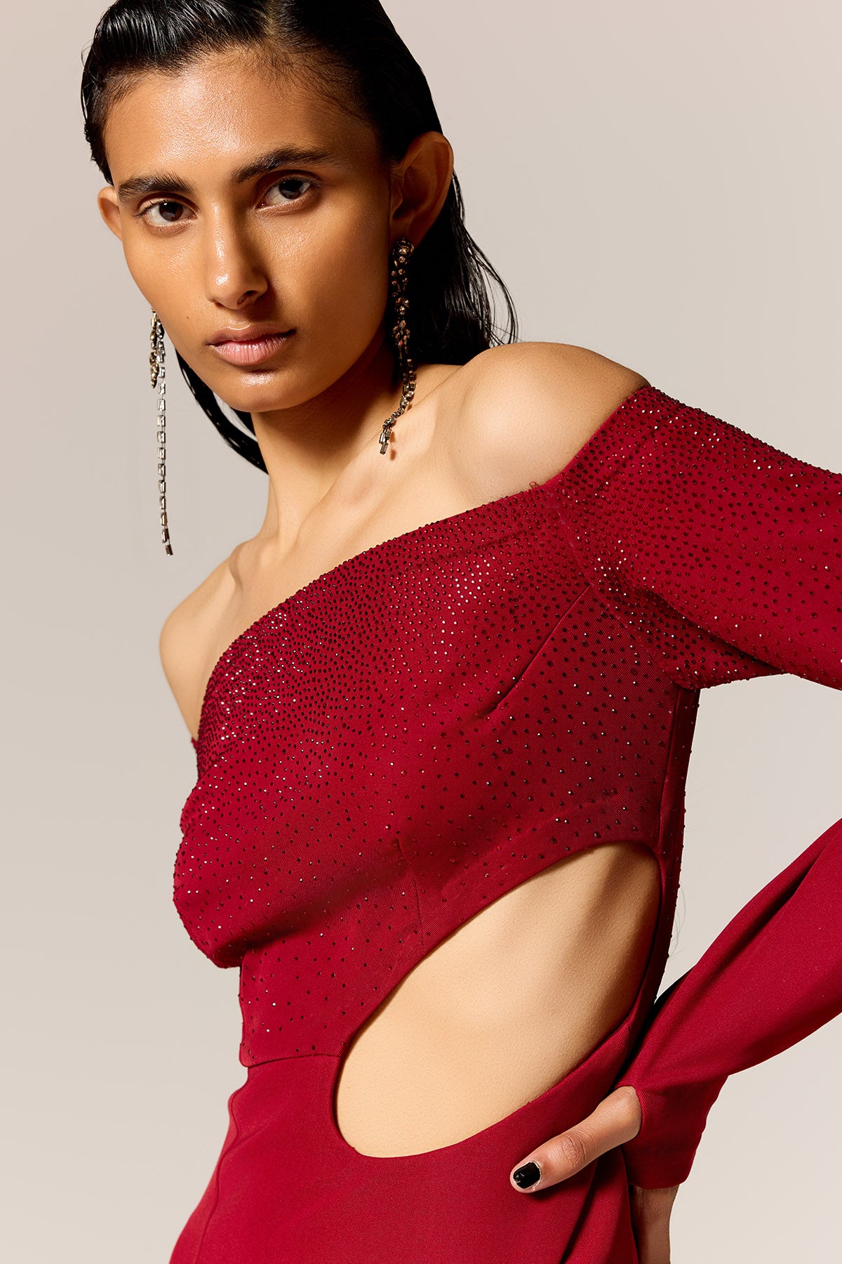 Red Off-Shoulder High Slit Gown