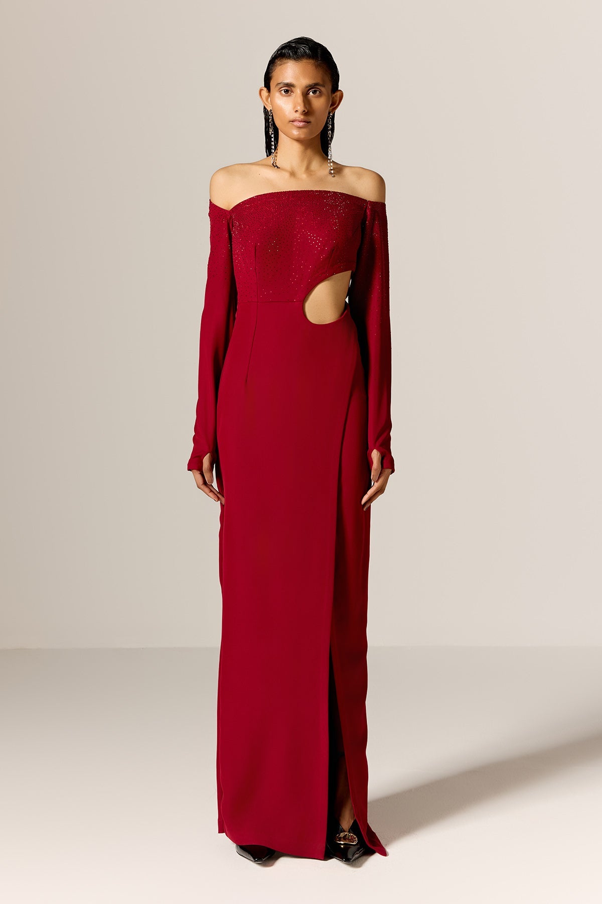 Buy Red Off-Shoulder High Slit Gown by Manika Nanda for Women online at ScrollnShops
