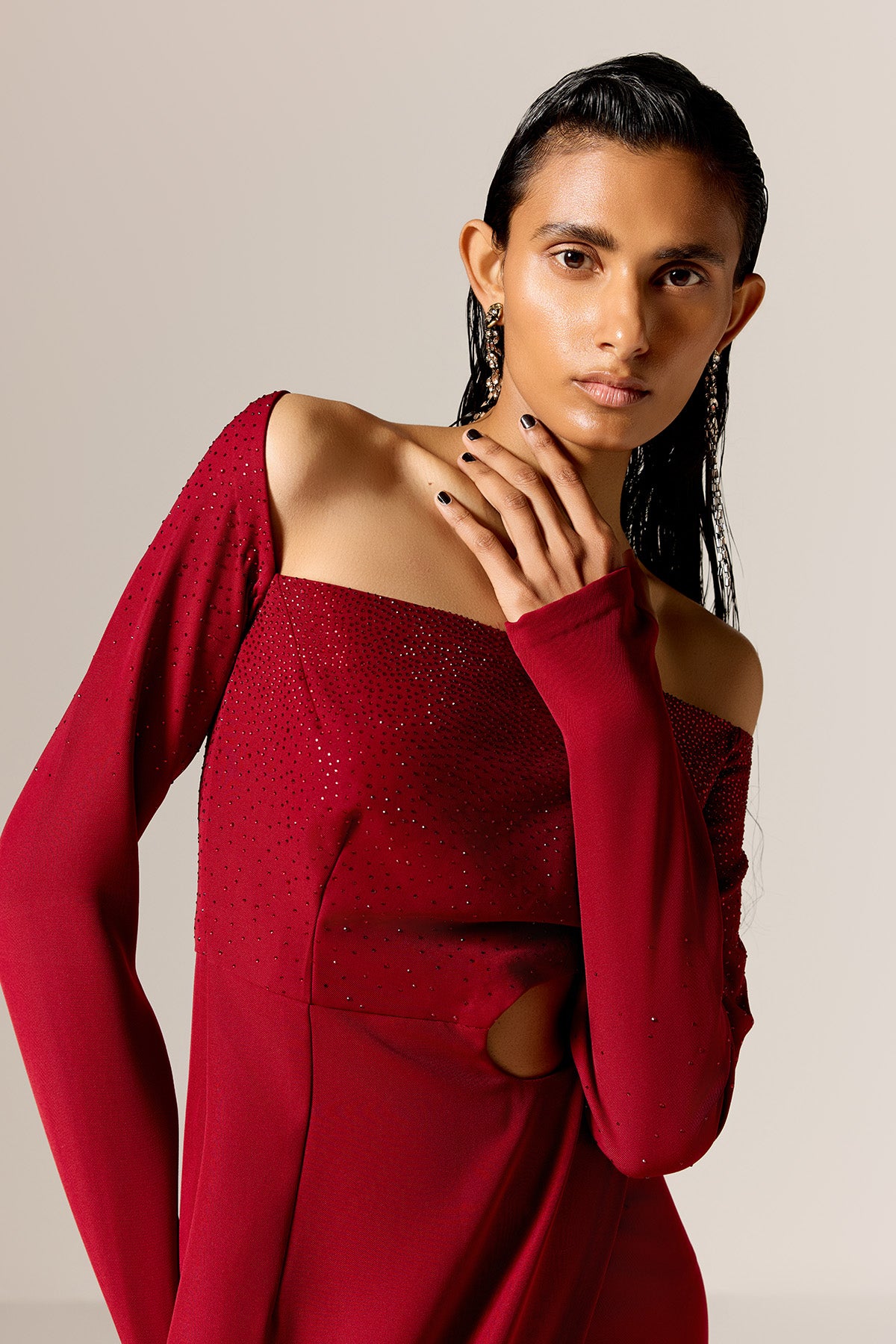 Red Off-Shoulder High Slit Gown