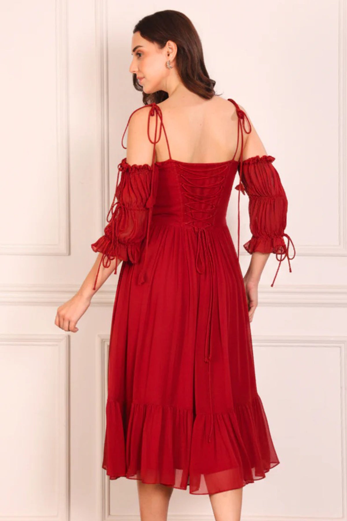 Red Off Shoulder Tie Up Dress