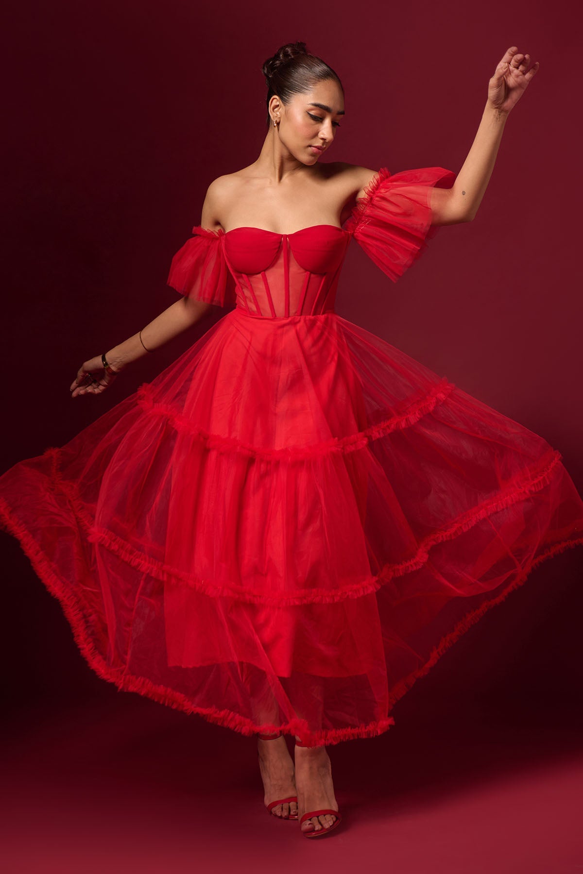 Buy Red Off Shoulder Tulle Dress by Emblaze for women online at ScrollnShops