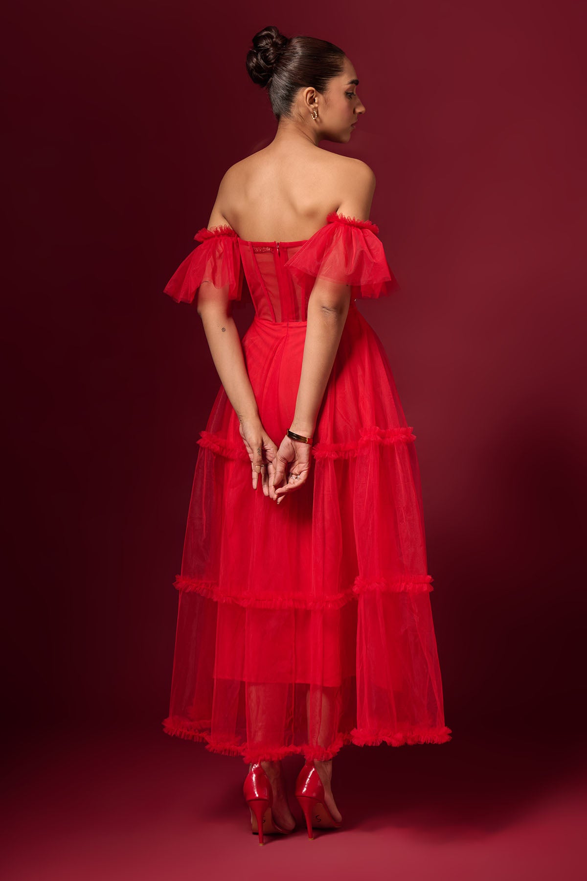 Red Off Shoulder Tulle Dress